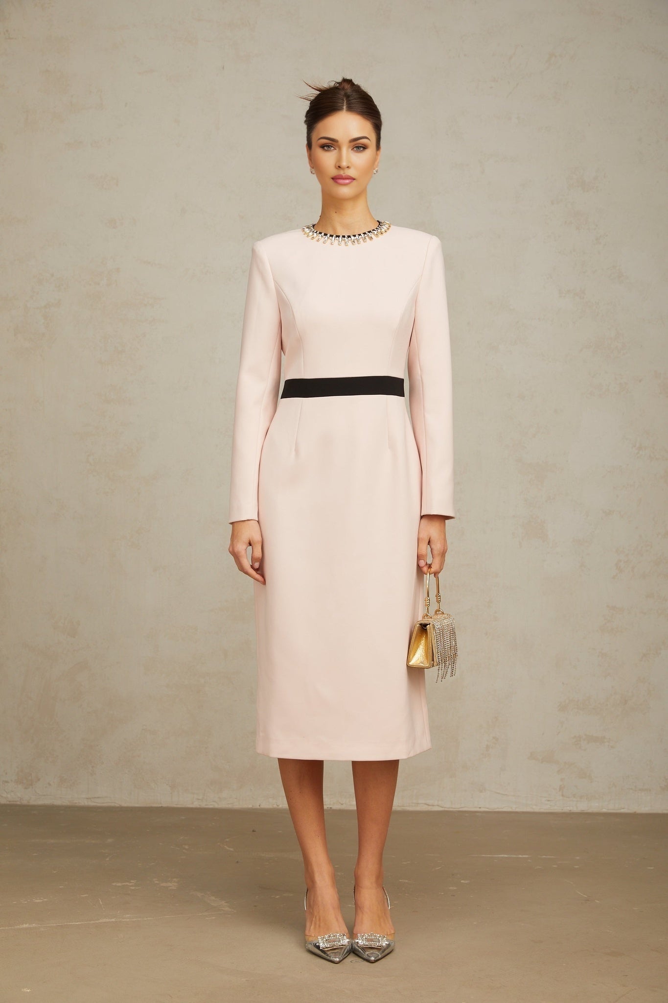Emilia Midi Dress - Color Block Design - Crystal Embellishment - Dart Detailing - Rear Slit