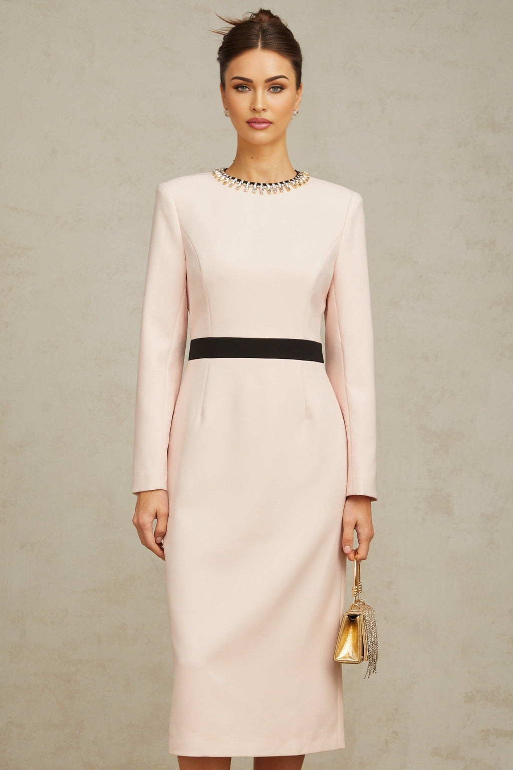 Emilia Midi Dress - Color Block Design - Crystal Embellishment - Dart Detailing - Rear Slit