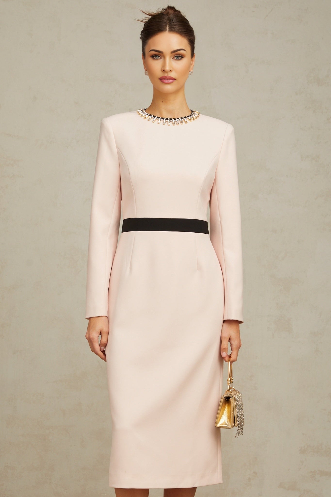 Emilia Midi Dress - Color Block Design - Crystal Embellishment - Dart Detailing - Rear Slit