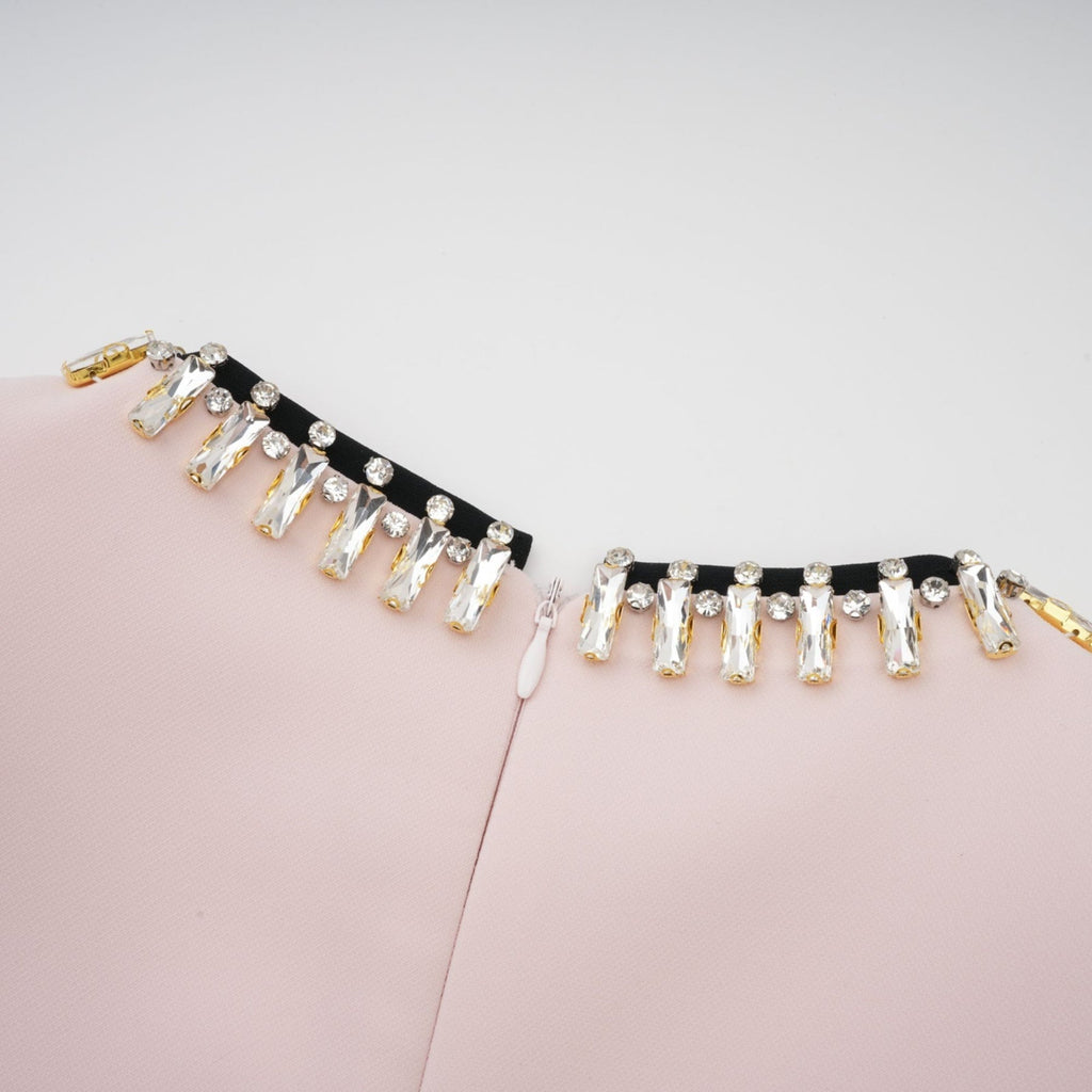 Emilia Midi Dress - Color Block Design - Crystal Embellishment - Dart Detailing - Rear Slit