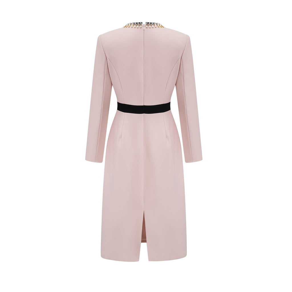 Emilia Midi Dress - Color Block Design - Crystal Embellishment - Dart Detailing - Rear Slit