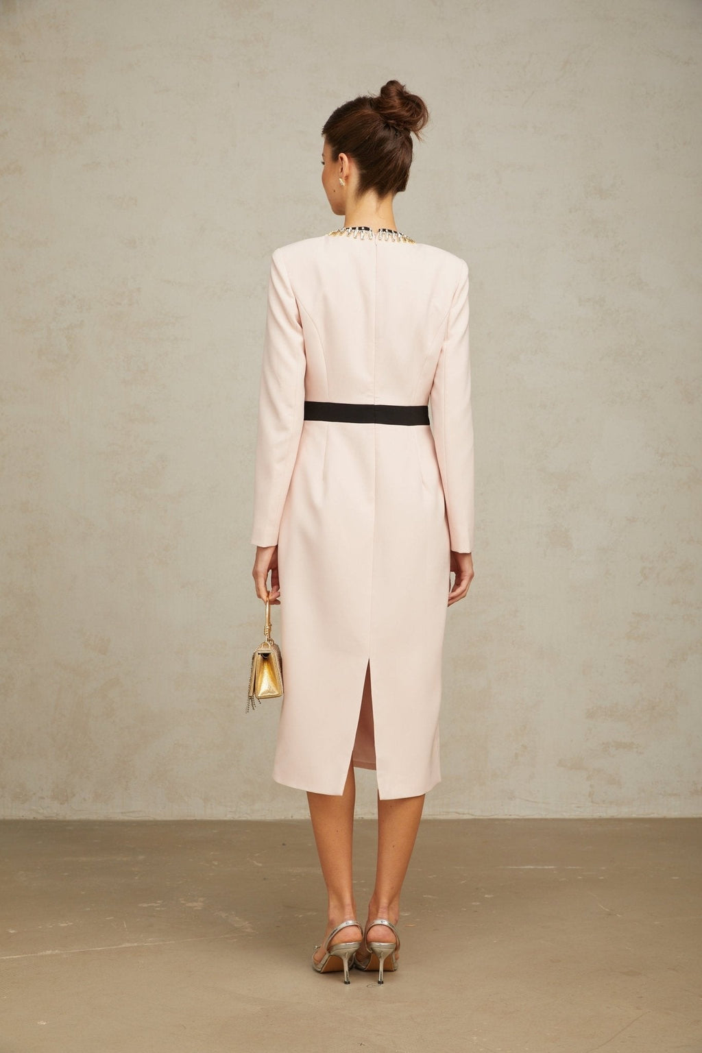 Emilia Midi Dress - Color Block Design - Crystal Embellishment - Dart Detailing - Rear Slit