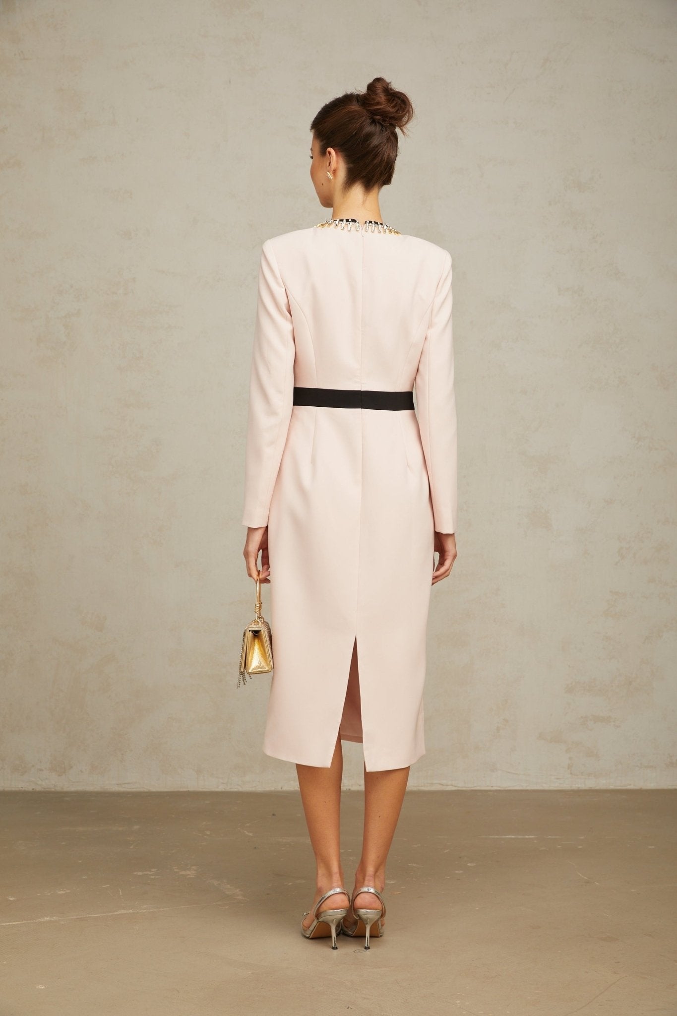 Emilia Midi Dress - Color Block Design - Crystal Embellishment - Dart Detailing - Rear Slit
