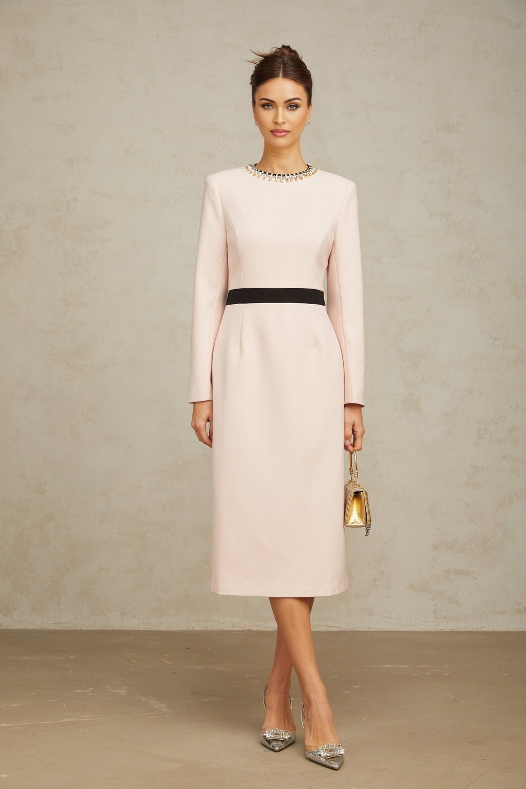 Emilia Midi Dress - Color Block Design - Crystal Embellishment - Dart Detailing - Rear Slit