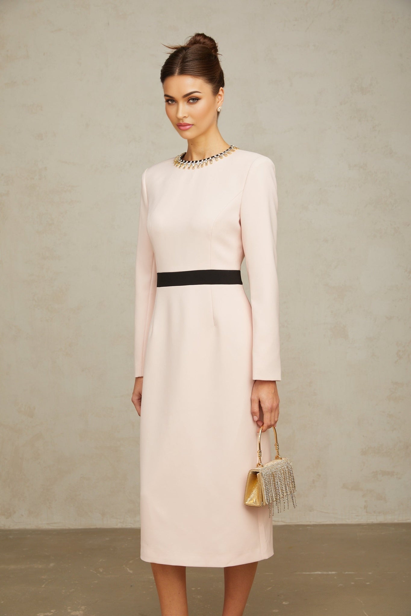 Emilia Midi Dress - Color Block Design - Crystal Embellishment - Dart Detailing - Rear Slit