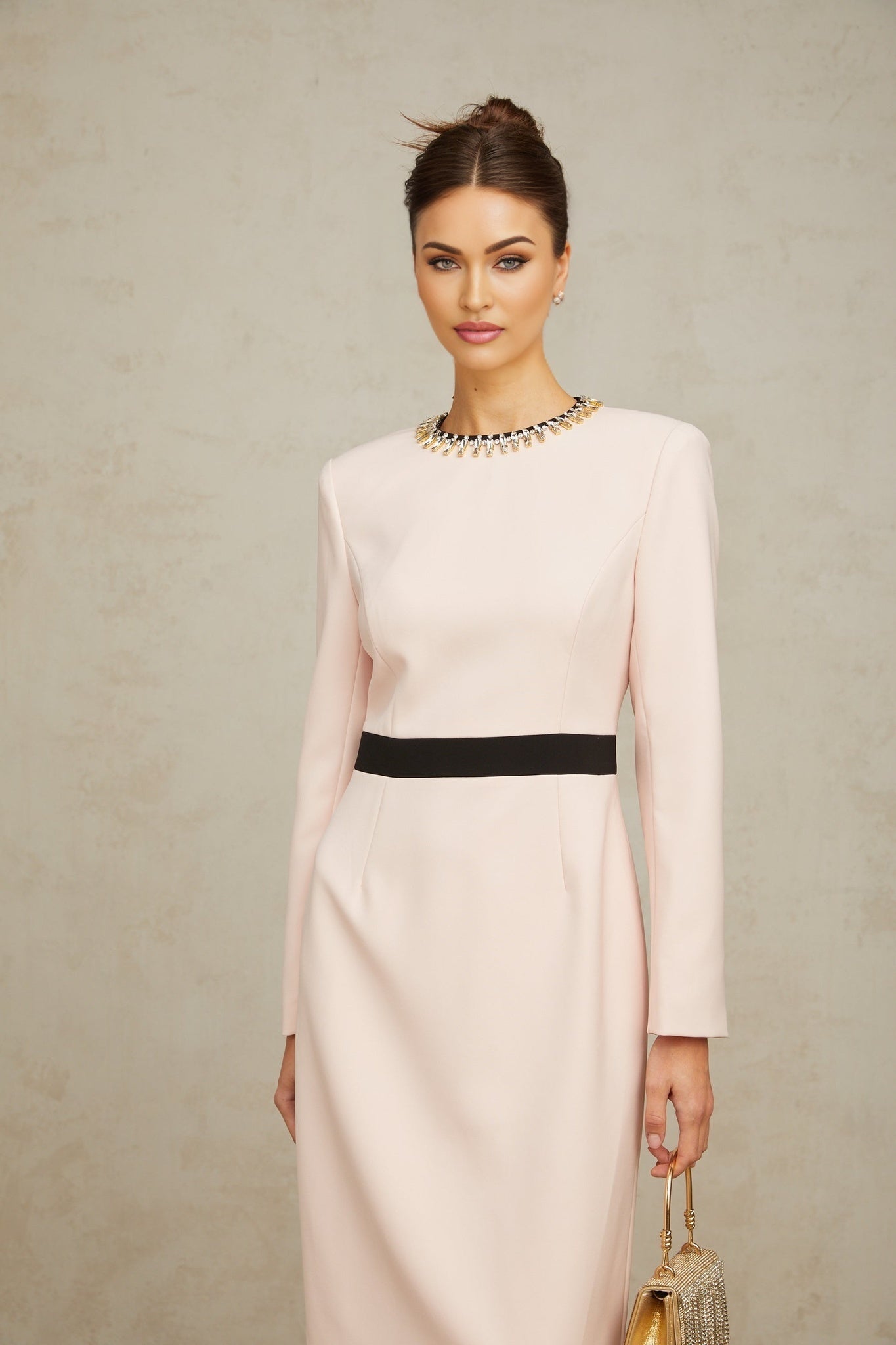 Emilia Midi Dress - Color Block Design - Crystal Embellishment - Dart Detailing - Rear Slit