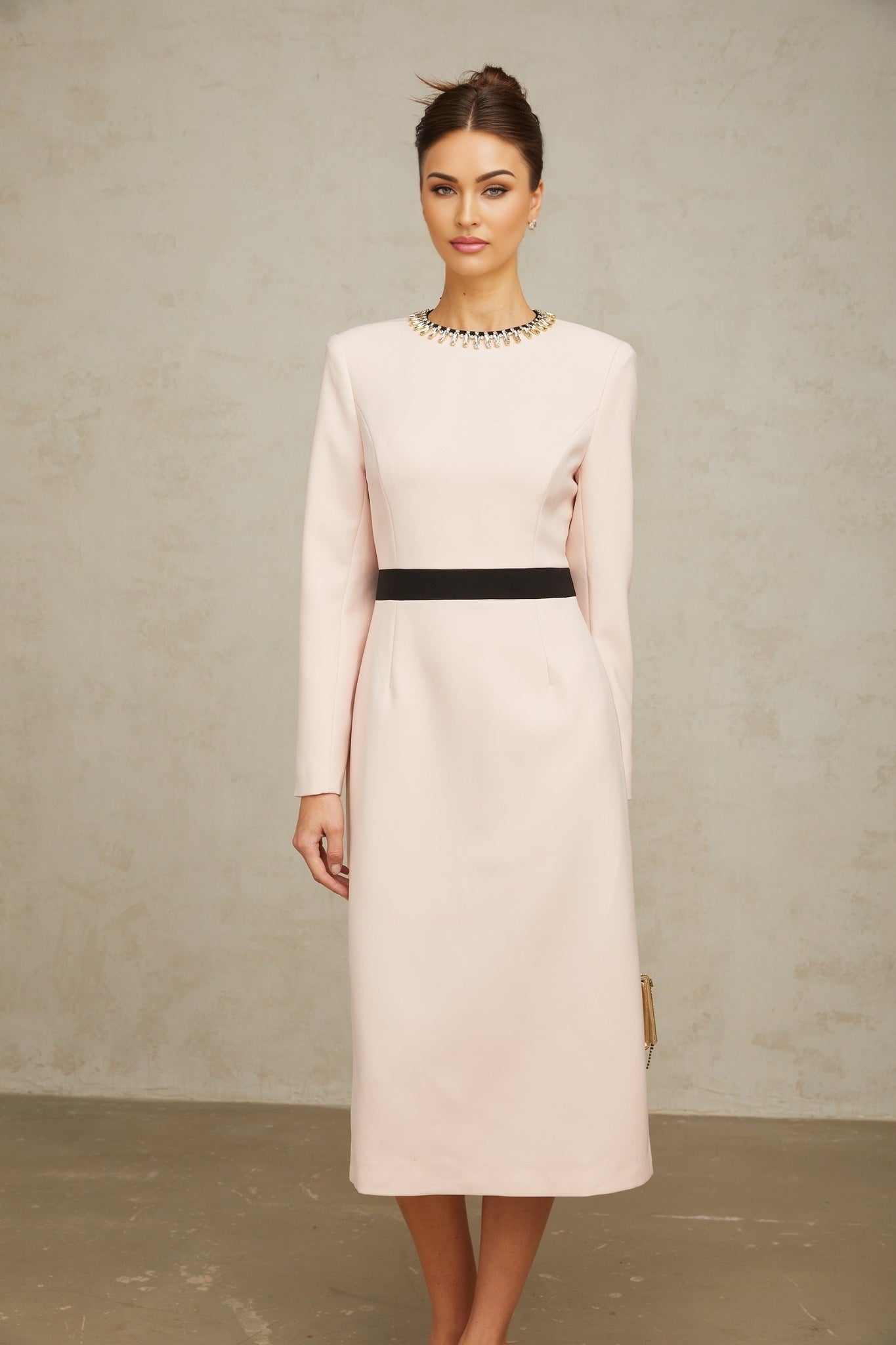 Emilia Midi Dress - Color Block Design - Crystal Embellishment - Dart Detailing - Rear Slit