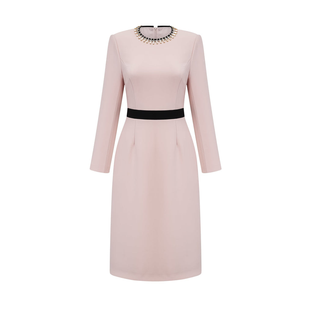 Emilia Midi Dress - Color Block Design - Crystal Embellishment - Dart Detailing - Rear Slit