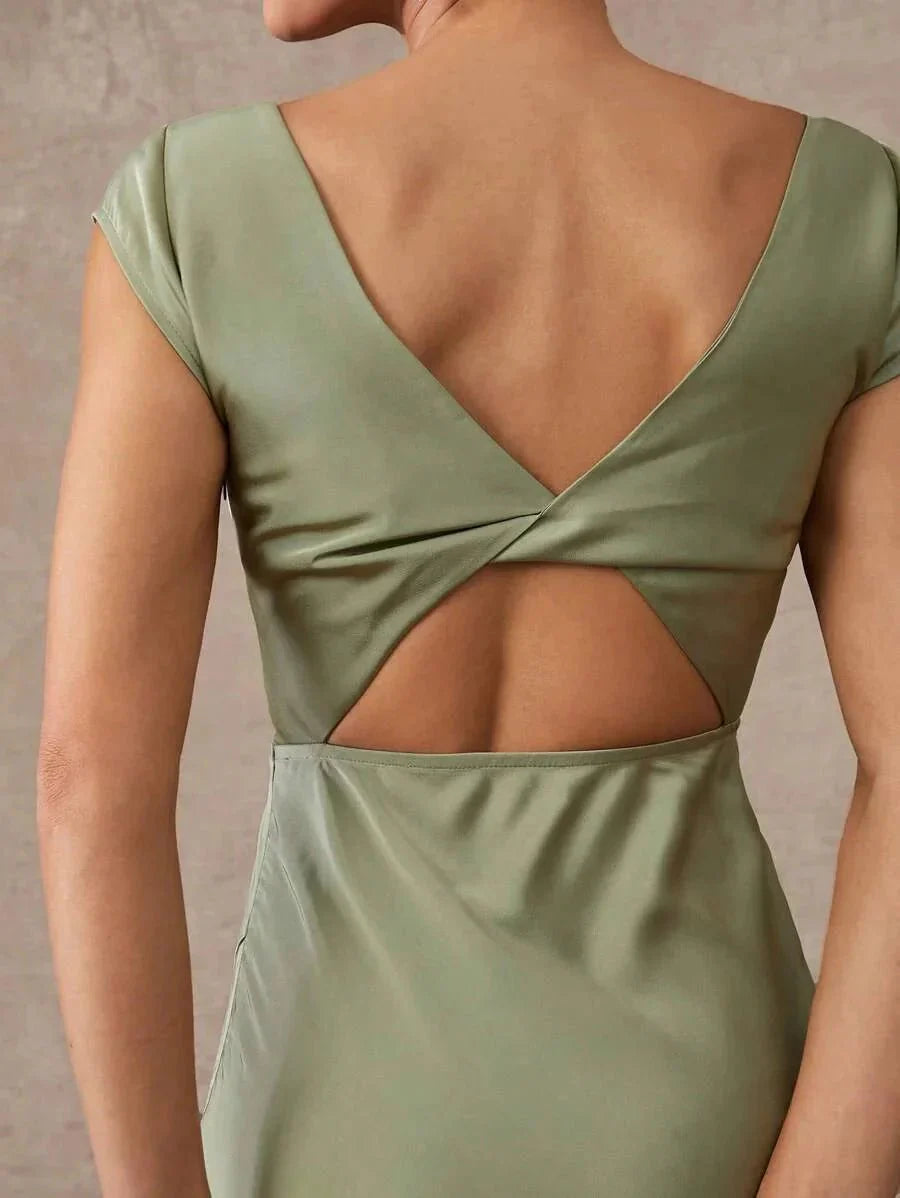 Emilia Midi Dress - Round Neck - Formal & Evening - High Waist - Elegant Style - Backless Twist Zipper