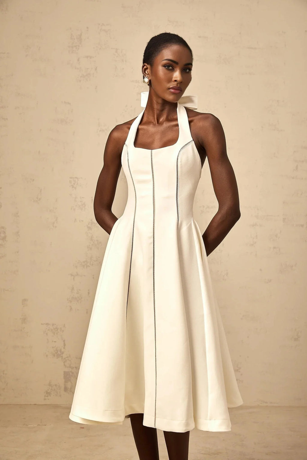 Emilia Midi Dress White Halter - neck Bow Detail