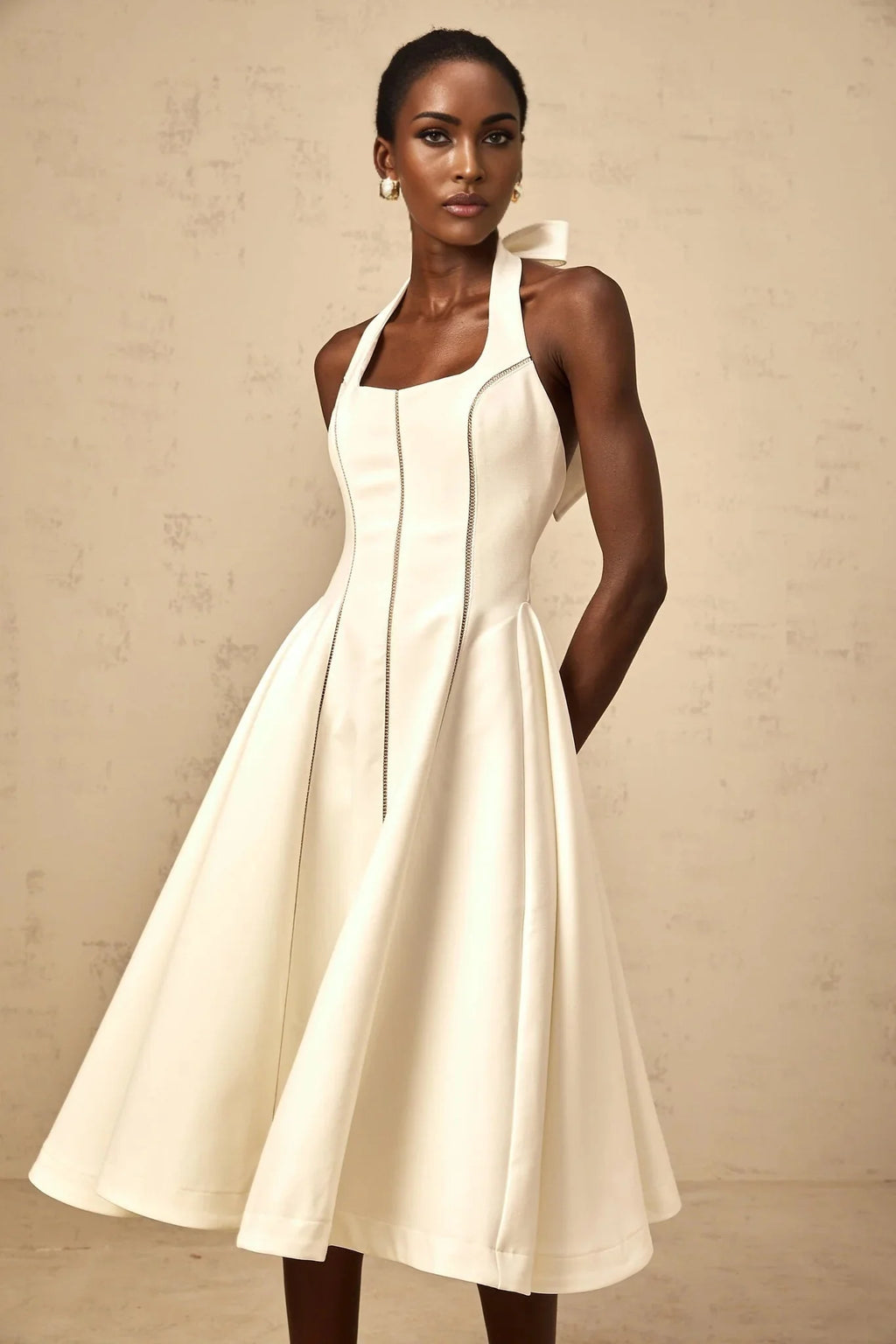 Emilia Midi Dress White Halter - neck Bow Detail