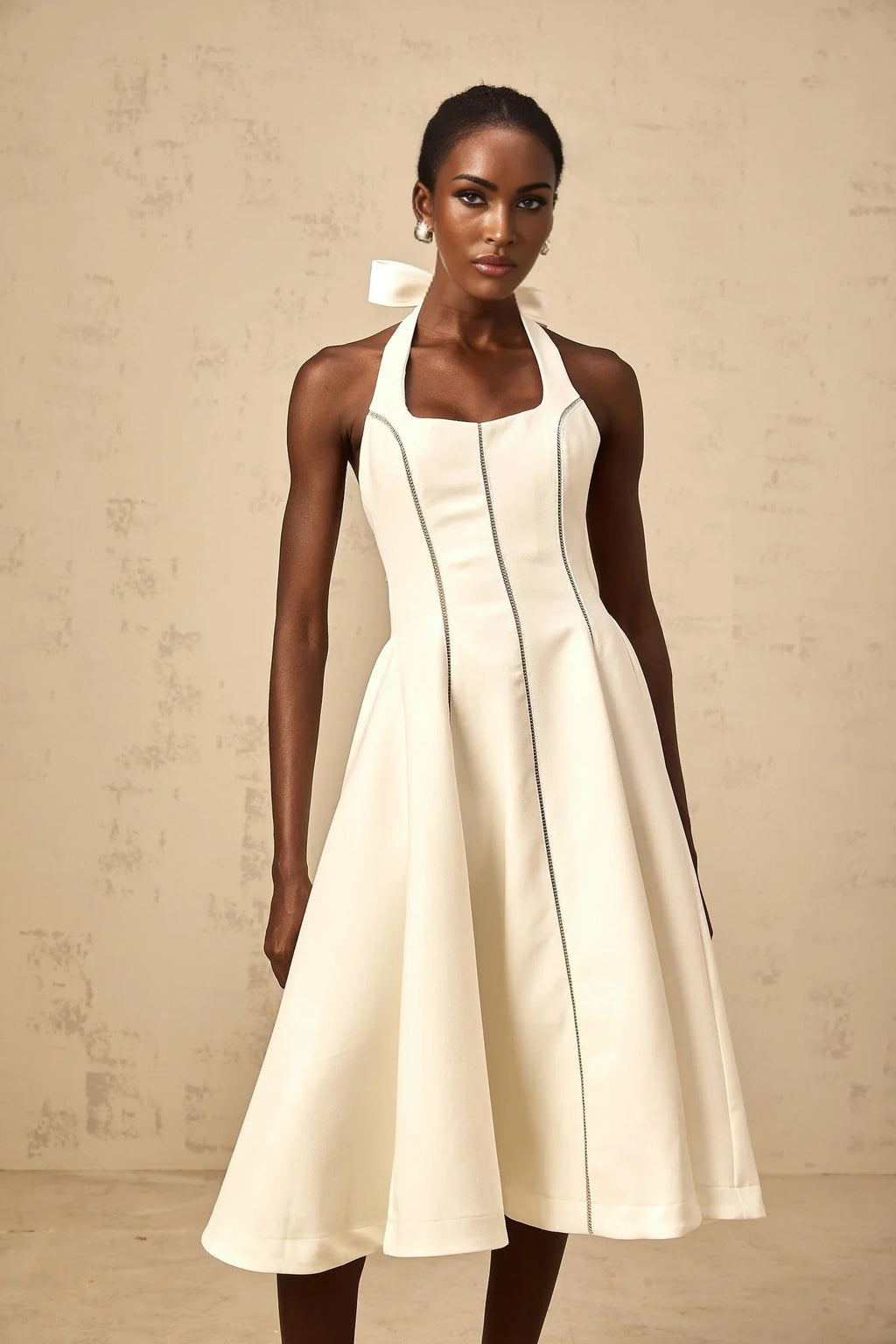 Emilia Midi Dress White Halter - neck Bow Detail