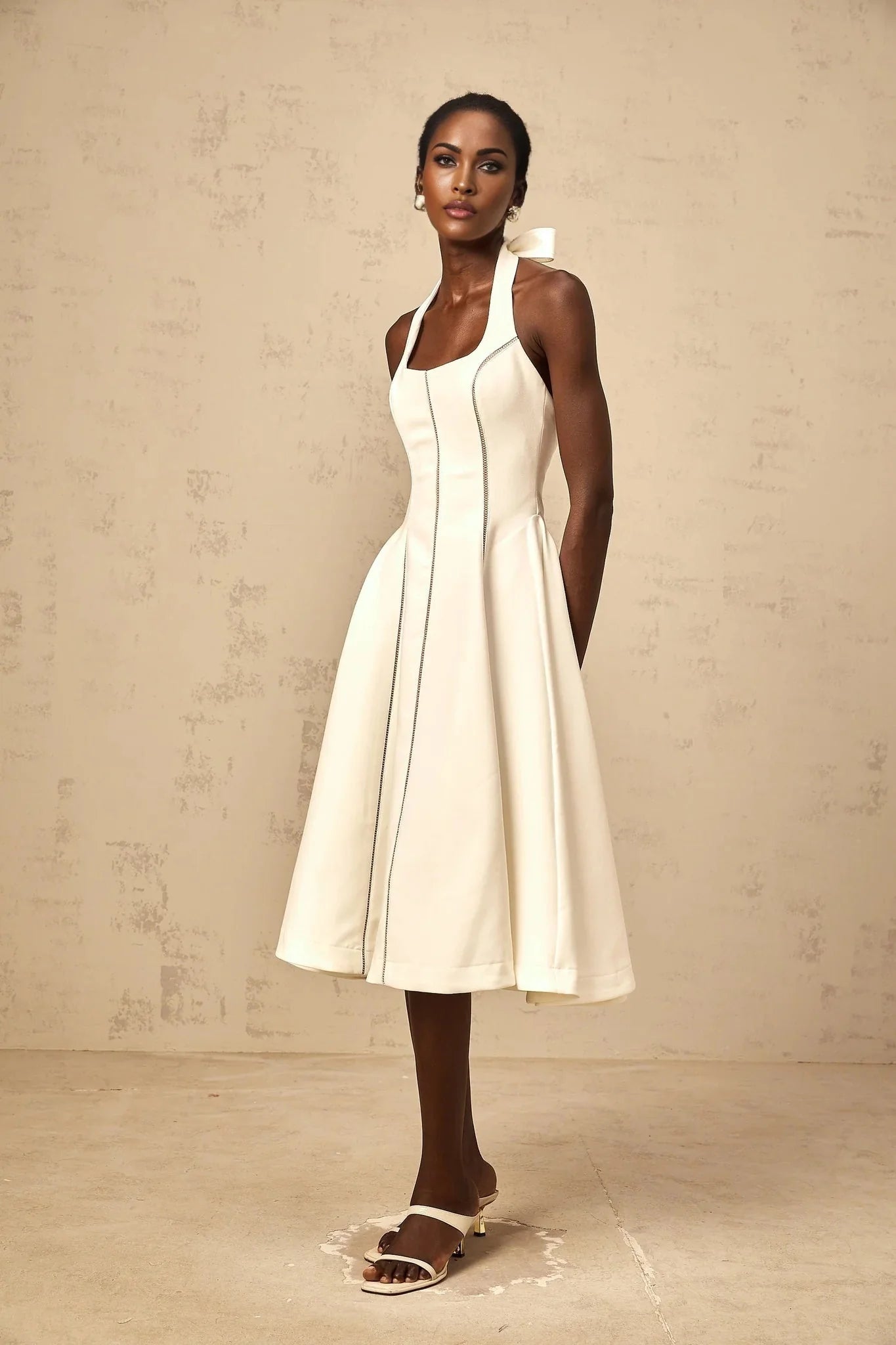 Emilia Midi Dress White Halter - neck Bow Detail