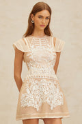 Emilia Mini Dress - Cap Sleeves - Cinched Waist - Crochet Detail - Floral Jacquard