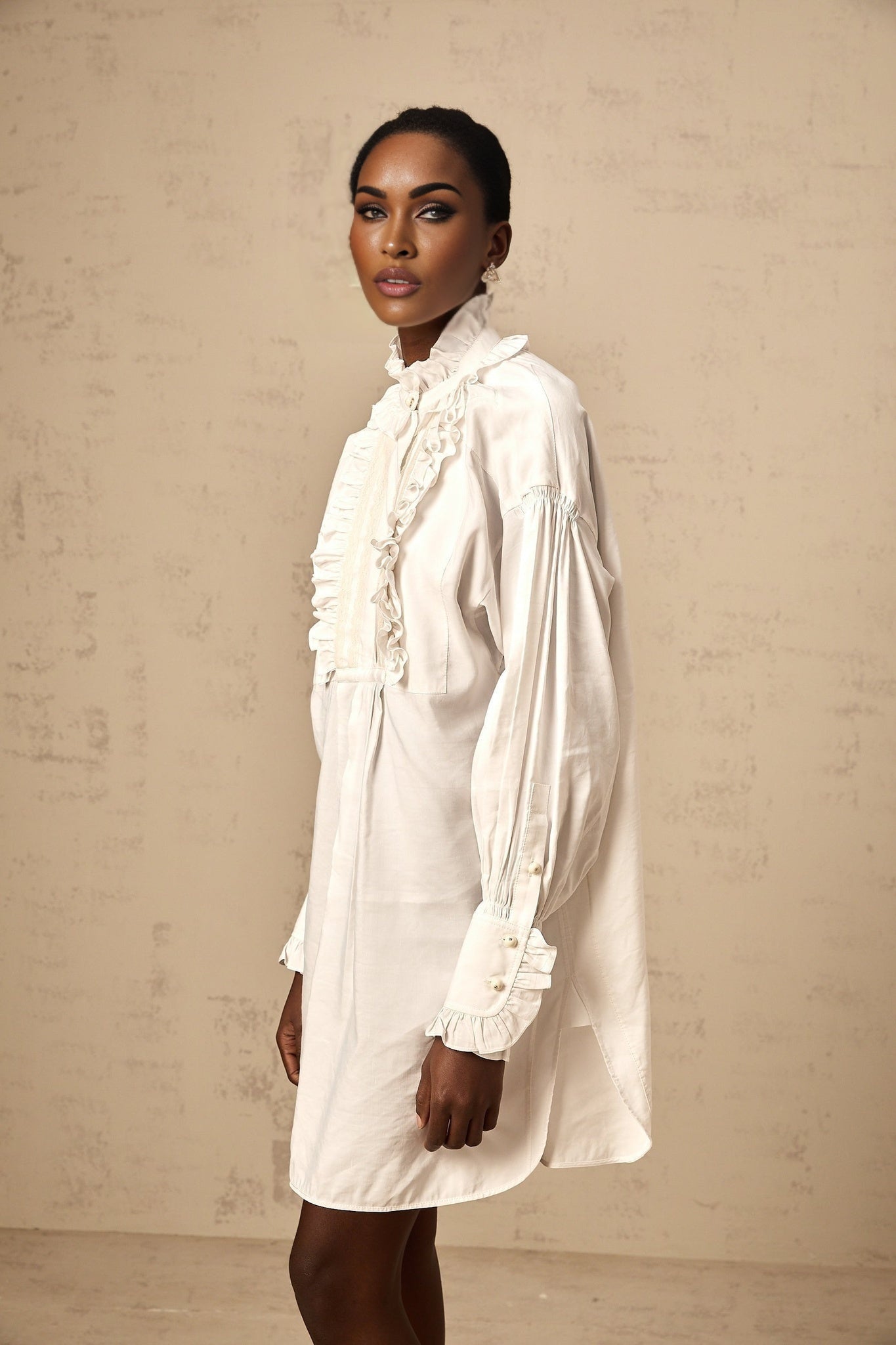 Emilia Mini Dress - Frilled Neck Design - Long Sleeves - Buttoned Cuffs - Ruffled Detailing