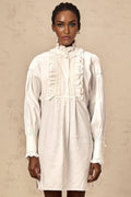 Emilia Mini Dress - Frilled Neck Design - Long Sleeves - Buttoned Cuffs - Ruffled Detailing