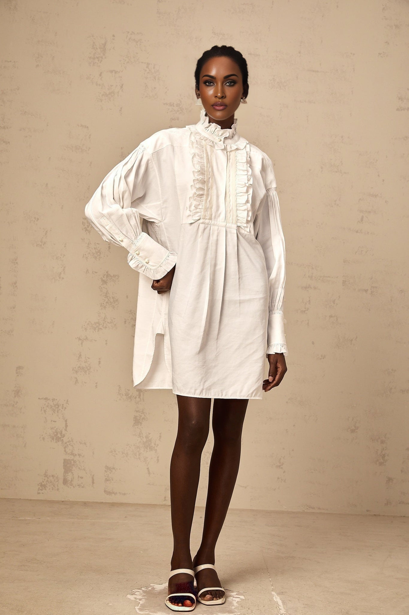 Emilia Mini Dress - Frilled Neck Design - Long Sleeves - Buttoned Cuffs - Ruffled Detailing