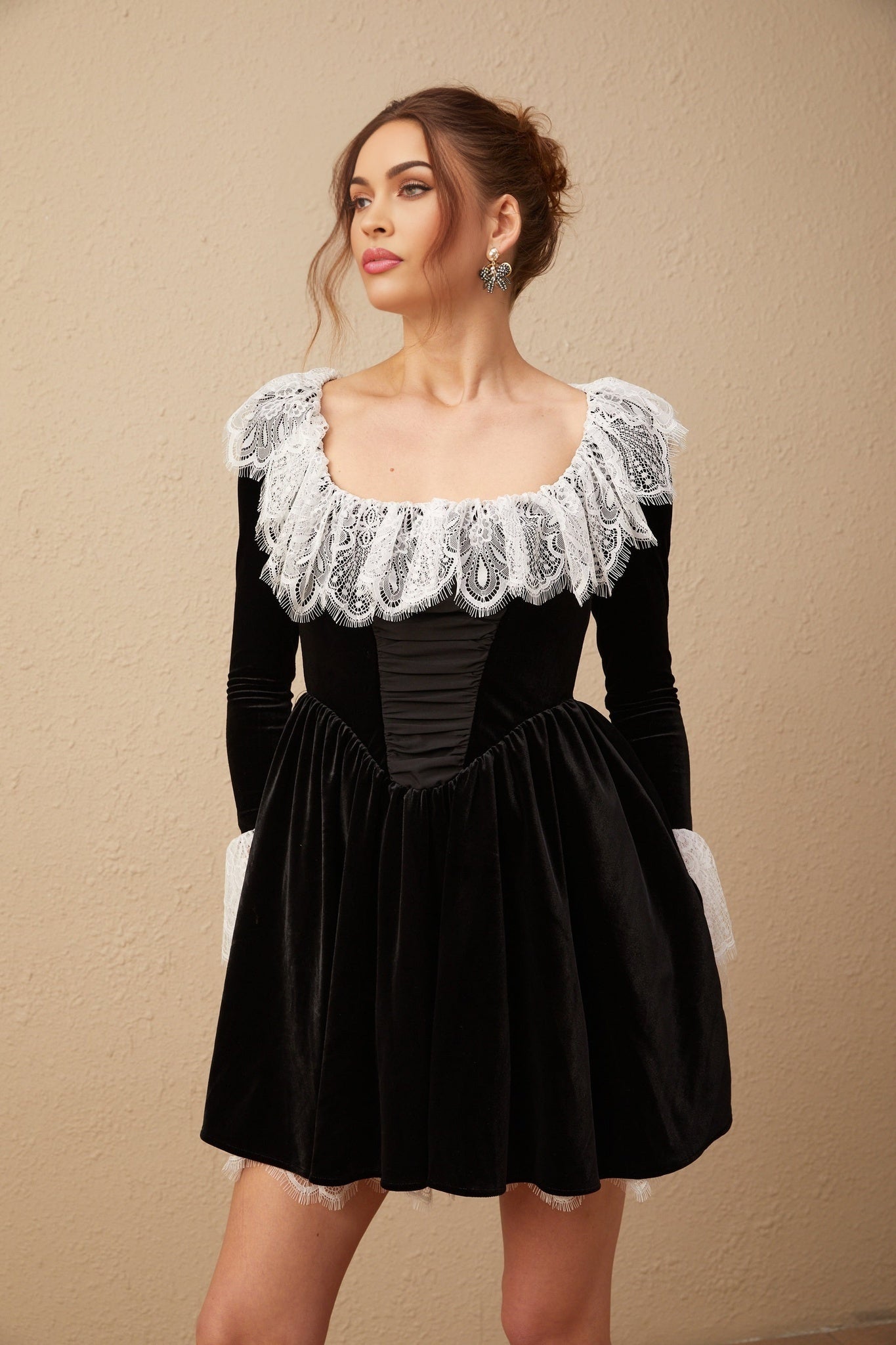 Emily Mini Dress - Square Neckline - Ruffled Cuffs - Color Blocked Design - Puff Skirt