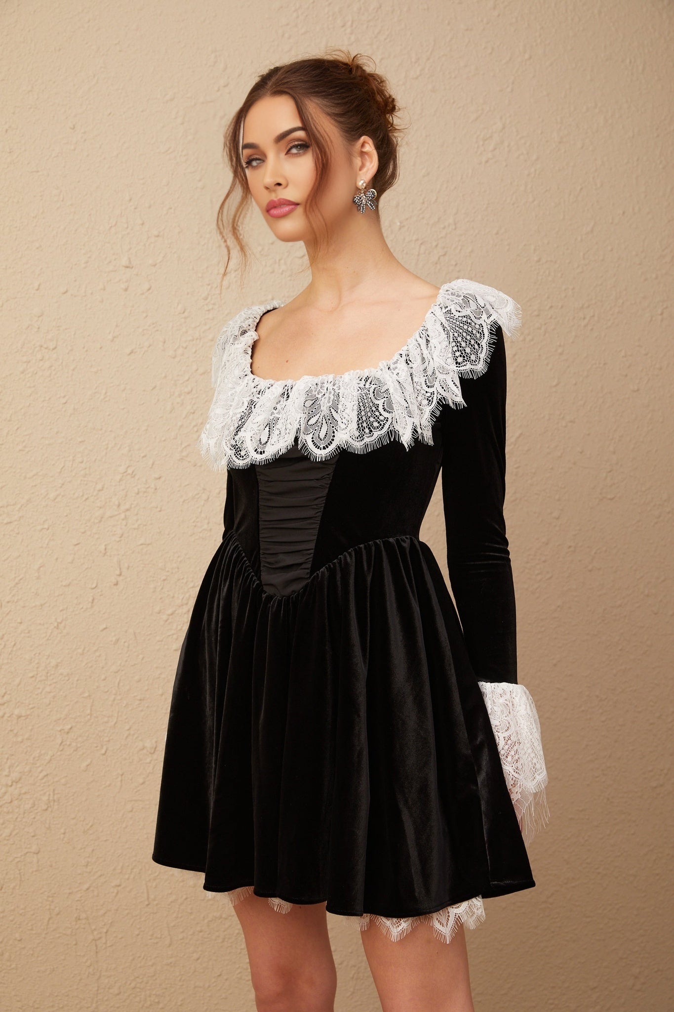 Emily Mini Dress - Square Neckline - Ruffled Cuffs - Color Blocked Design - Puff Skirt