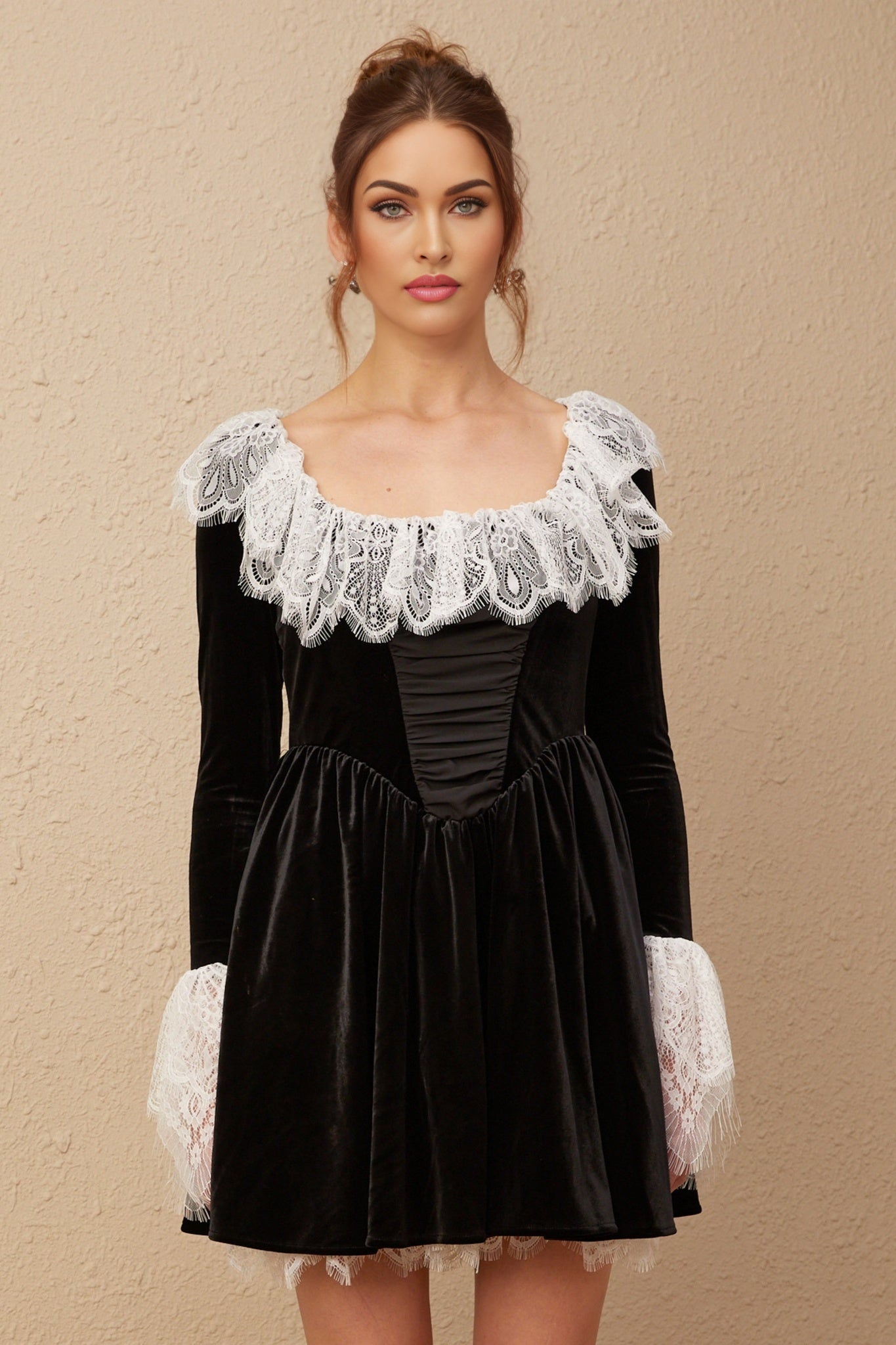 Emily Mini Dress - Square Neckline - Ruffled Cuffs - Color Blocked Design - Puff Skirt