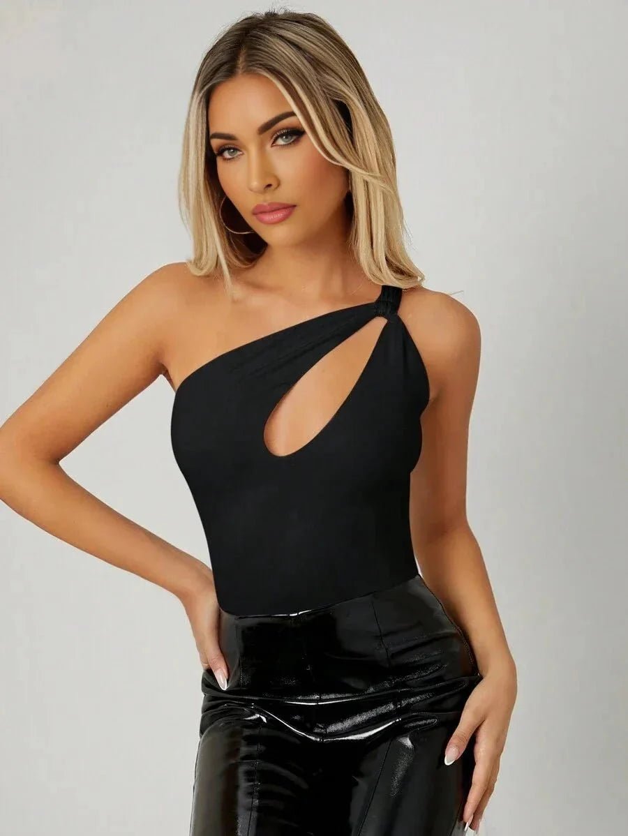 Emma Bodysuit - High Stretch Fabric Elasticity - Slim Fit Type - Sleeveless Length - Casual Style - Asymmetrical Neckline - Premium Quality