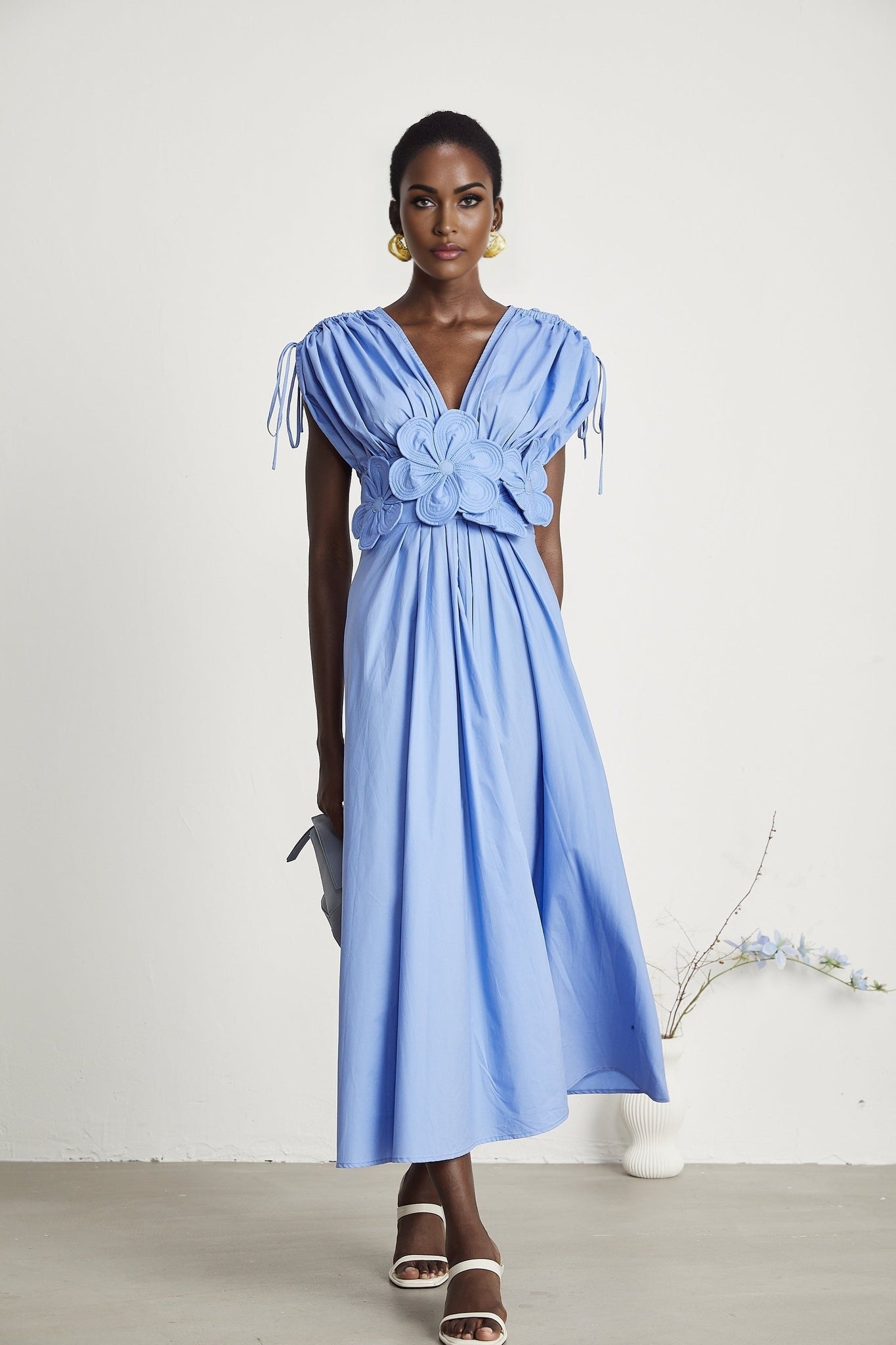 Emma Maxi Dress - V - Neck Style - Short Sleeves - 3D Petal Detailing - Elegant Bow
