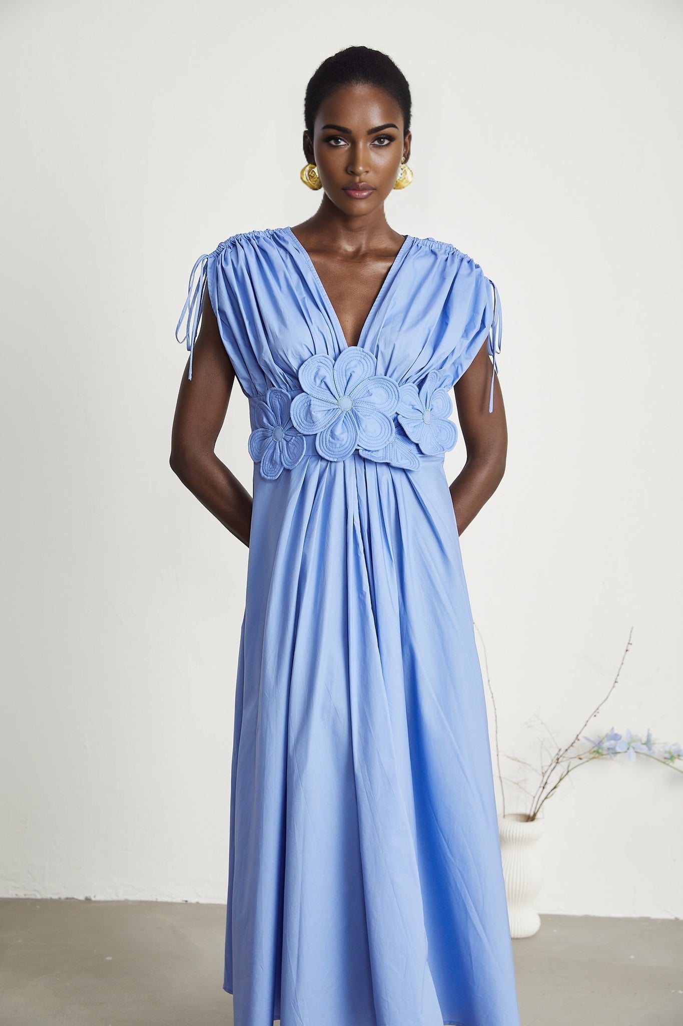 Emma Maxi Dress - V - Neck Style - Short Sleeves - 3D Petal Detailing - Elegant Bow