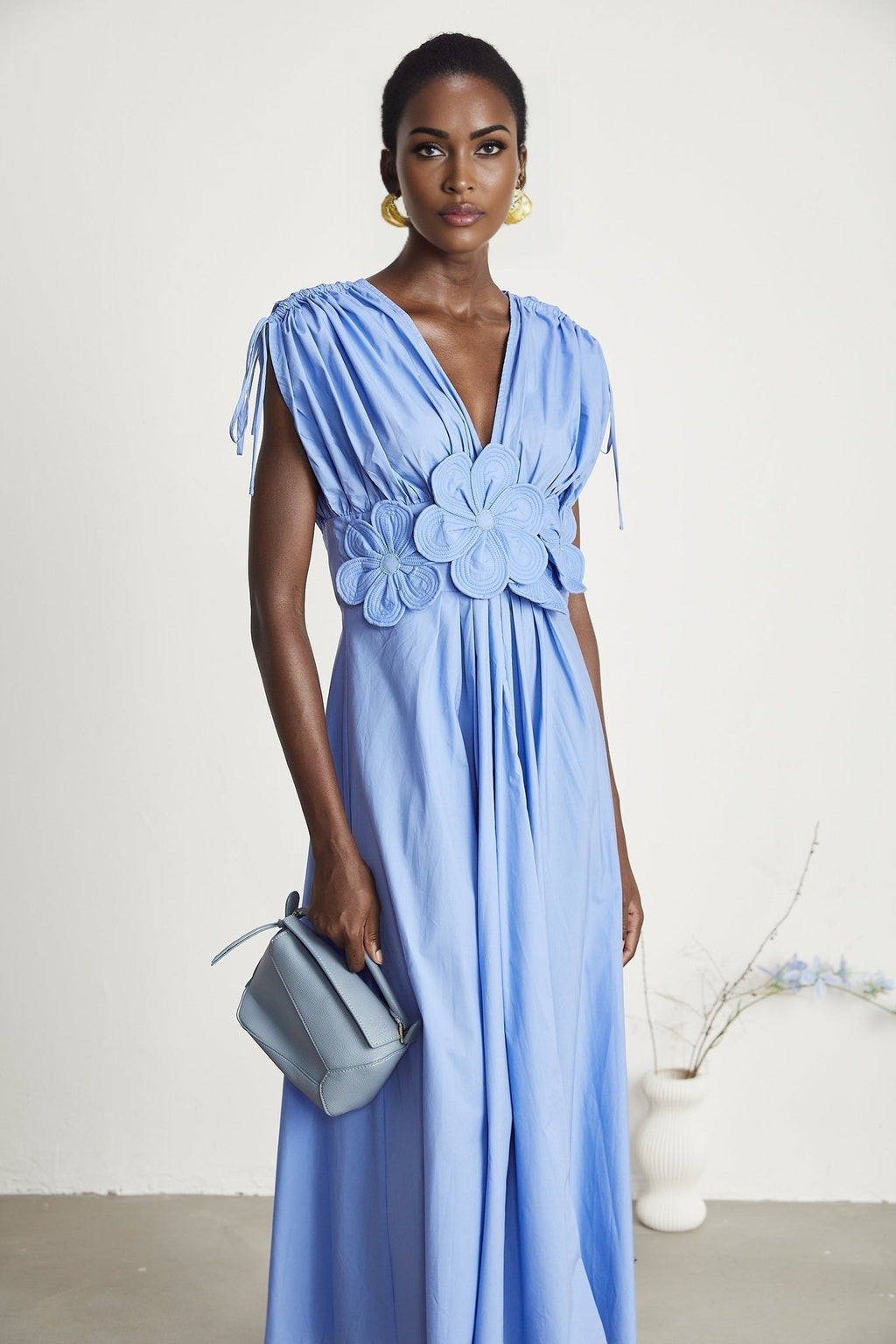 Emma Maxi Dress - V - Neck Style - Short Sleeves - 3D Petal Detailing - Elegant Bow