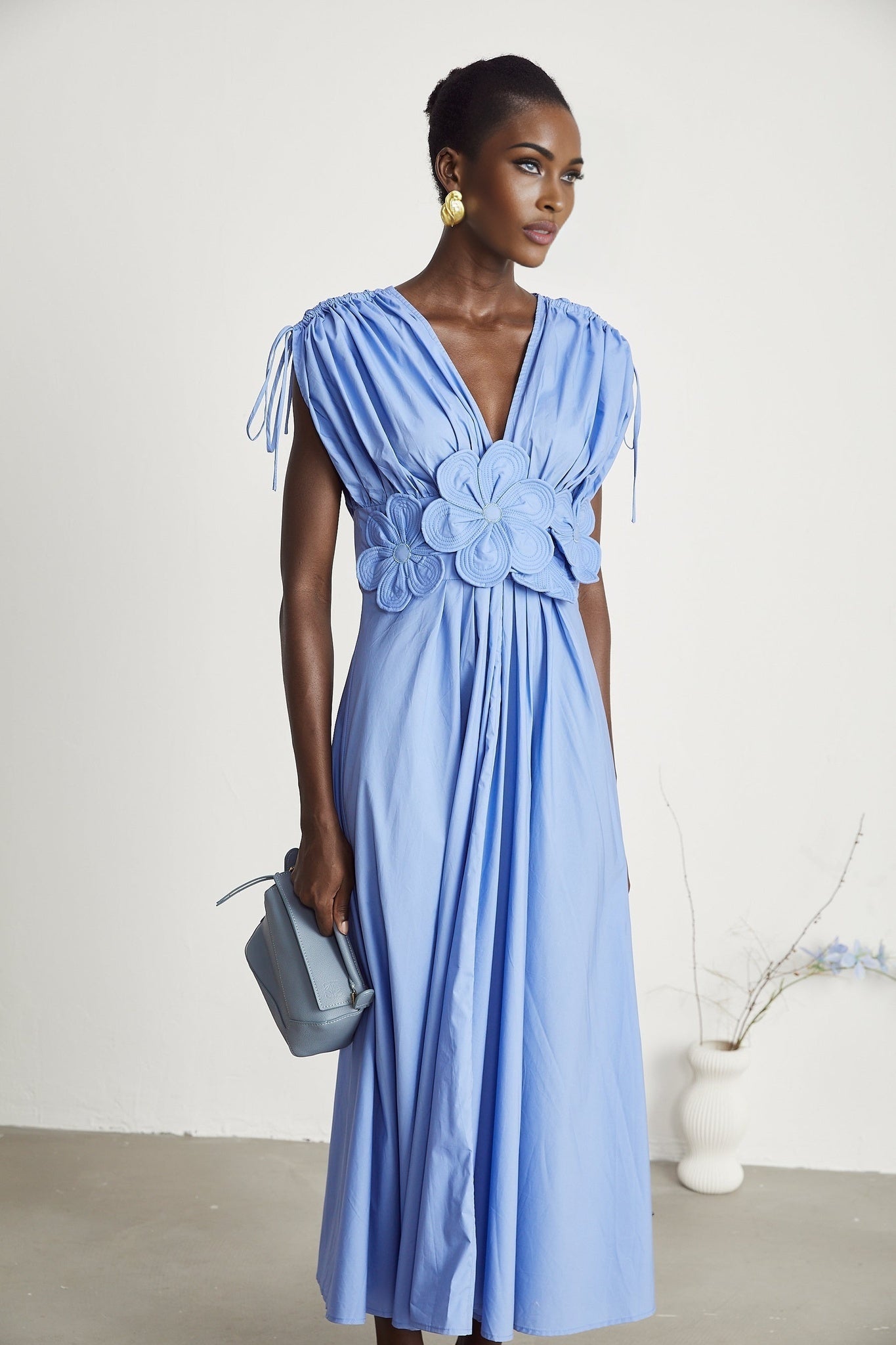 Emma Maxi Dress - V - Neck Style - Short Sleeves - 3D Petal Detailing - Elegant Bow