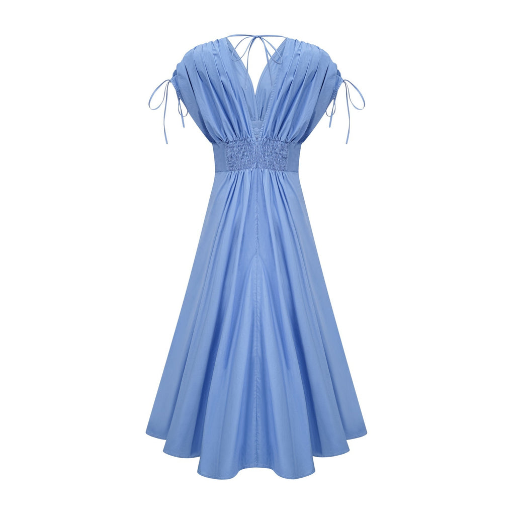 Emma Maxi Dress - V - Neck Style - Short Sleeves - 3D Petal Detailing - Elegant Bow