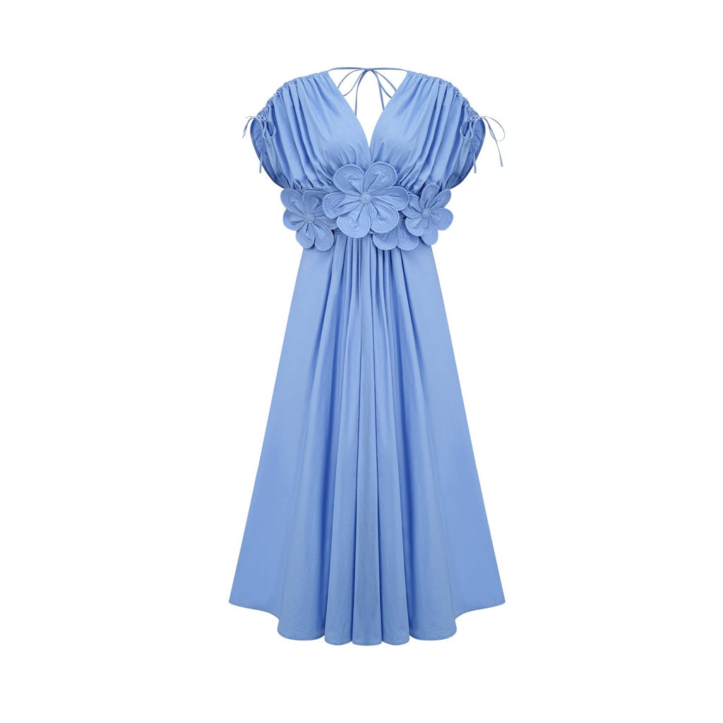 Emma Maxi Dress - V - Neck Style - Short Sleeves - 3D Petal Detailing - Elegant Bow
