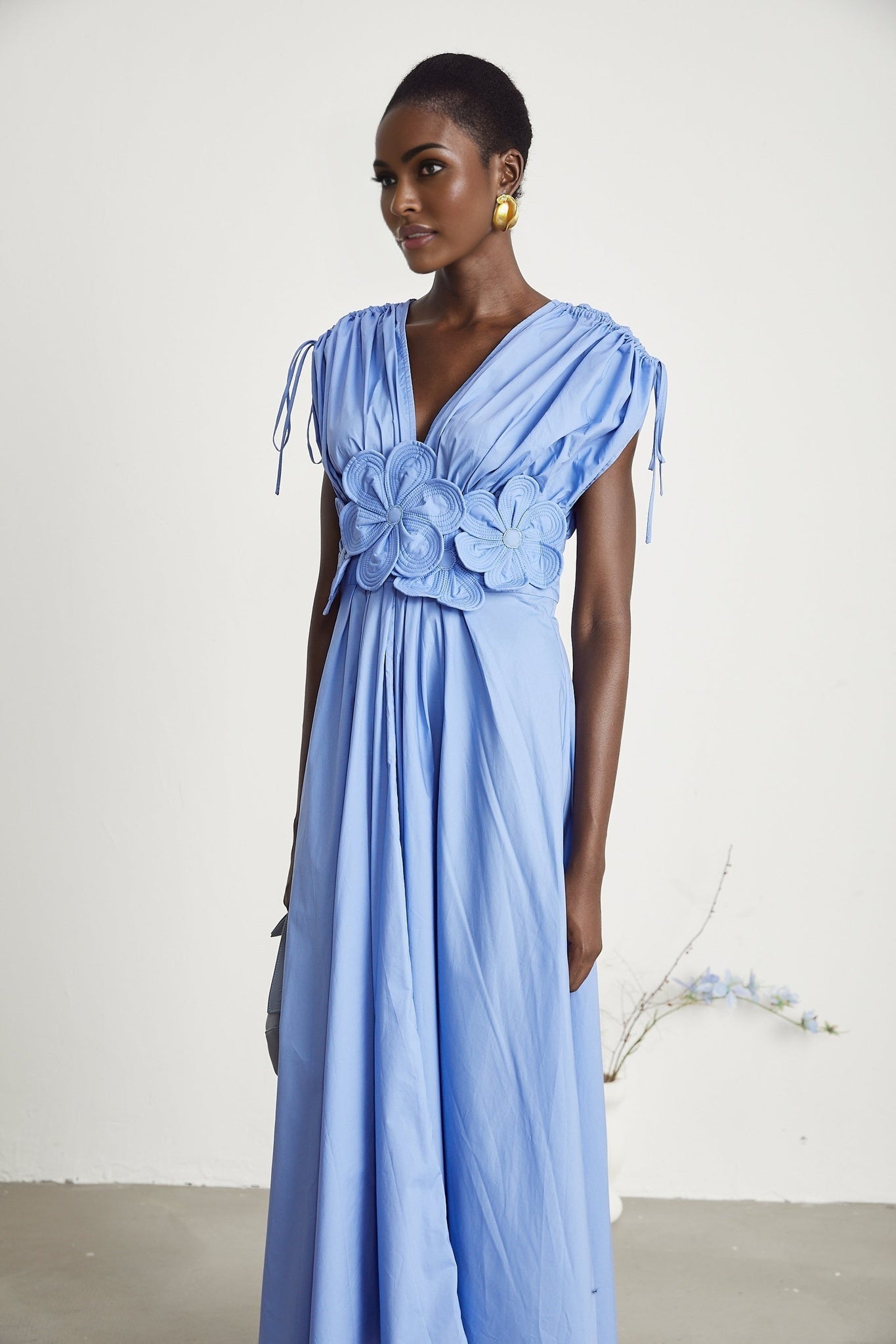 Emma Maxi Dress - V - Neck Style - Short Sleeves - 3D Petal Detailing - Elegant Bow