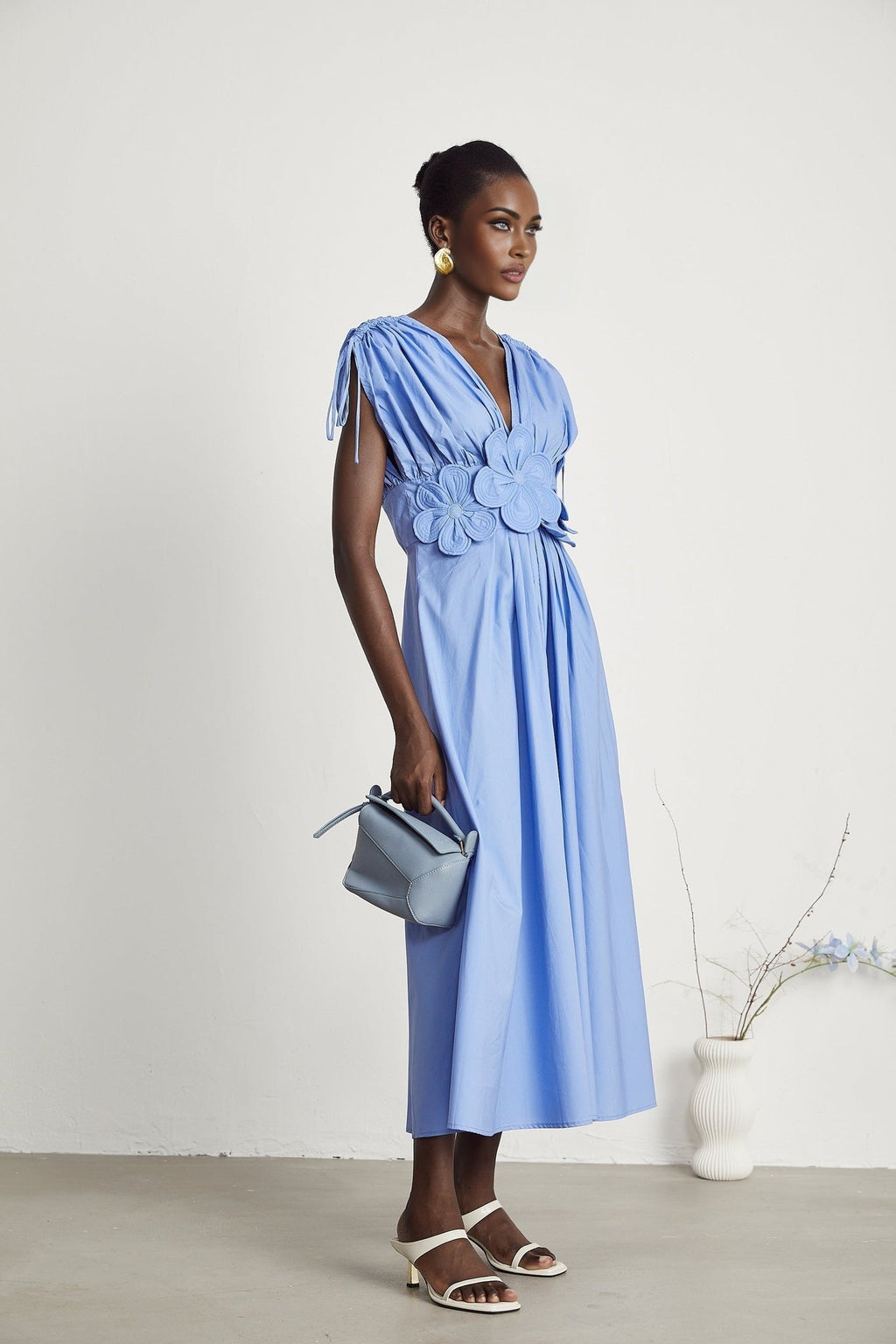 Emma Maxi Dress - V - Neck Style - Short Sleeves - 3D Petal Detailing - Elegant Bow