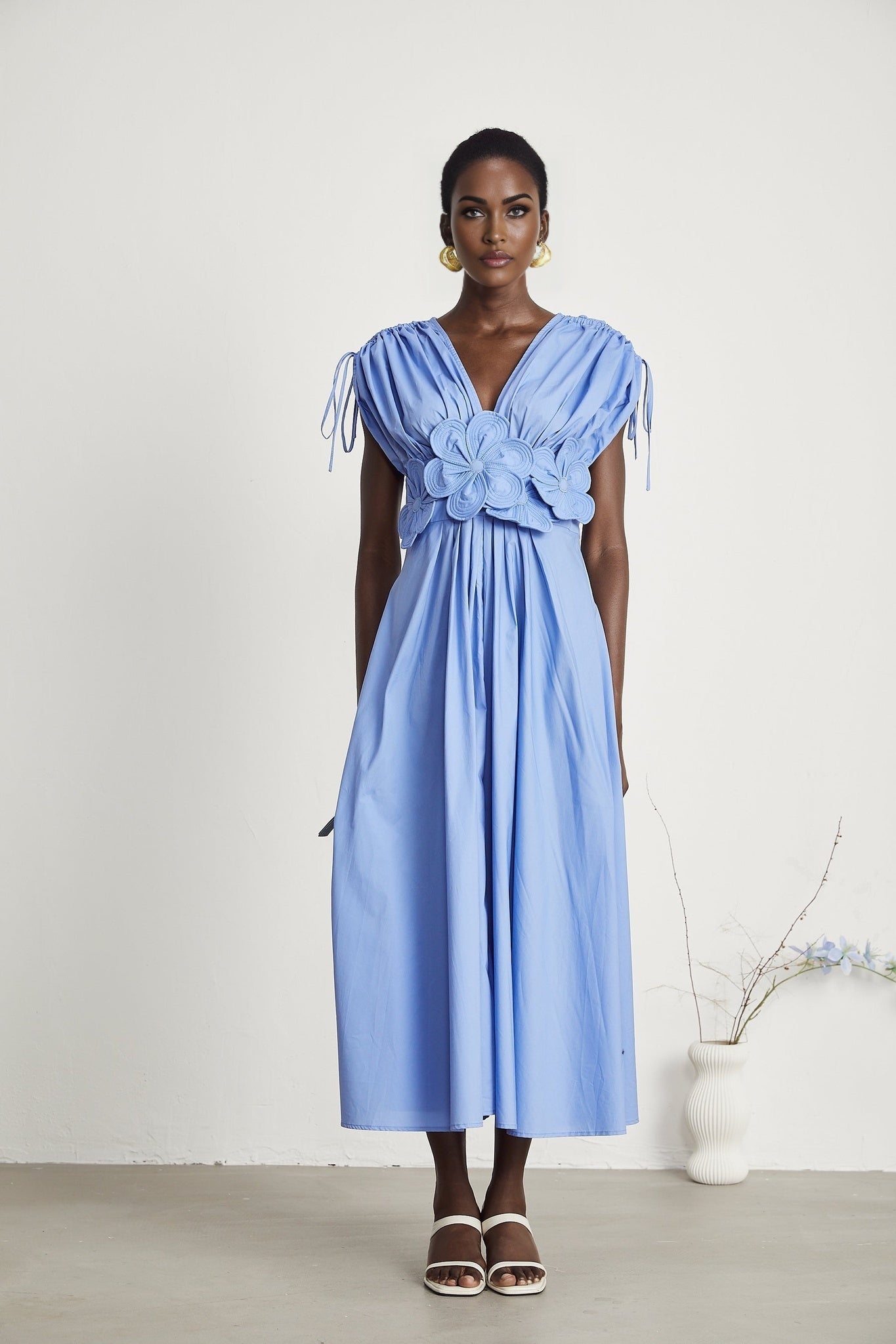 Emma Maxi Dress - V - Neck Style - Short Sleeves - 3D Petal Detailing - Elegant Bow