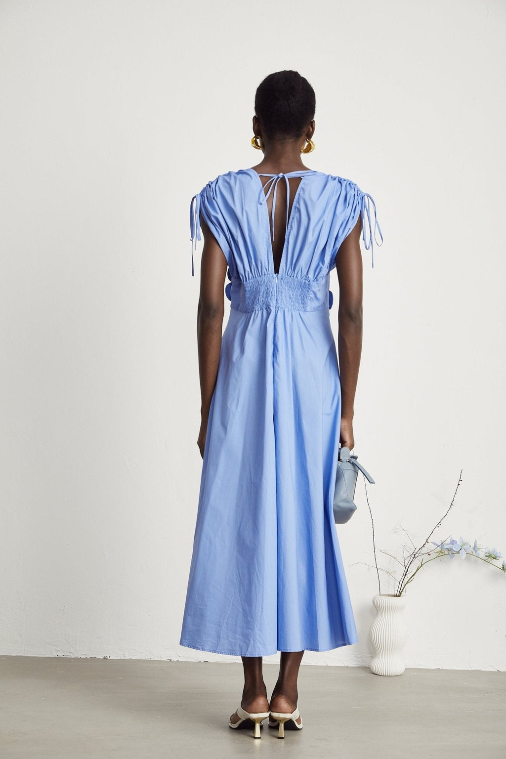 Emma Maxi Dress - V - Neck Style - Short Sleeves - 3D Petal Detailing - Elegant Bow