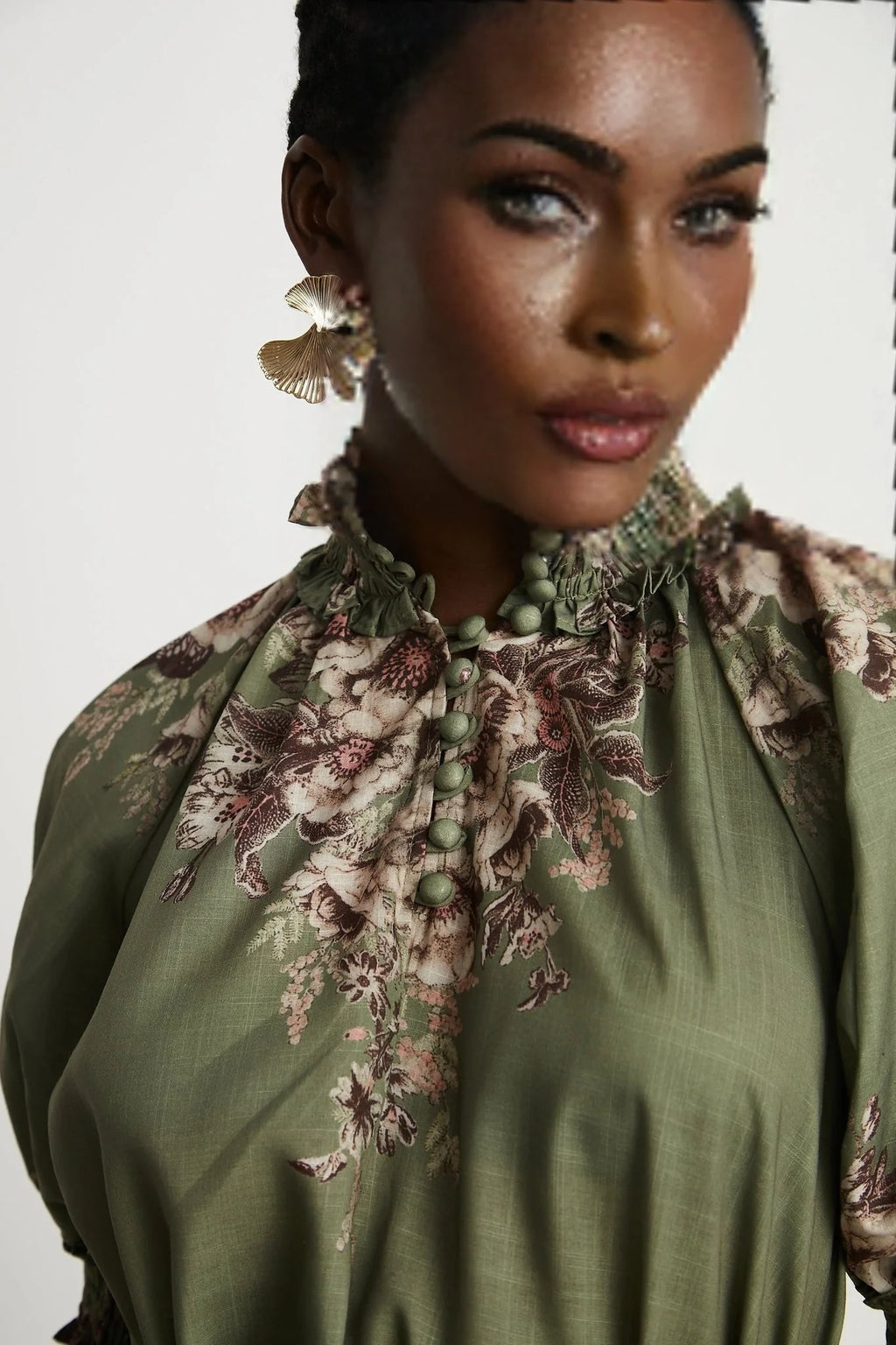 Emma Midi Dress - Puff Sleeves - Mock Neck - Gathered Detailing - Belted - Floral Print