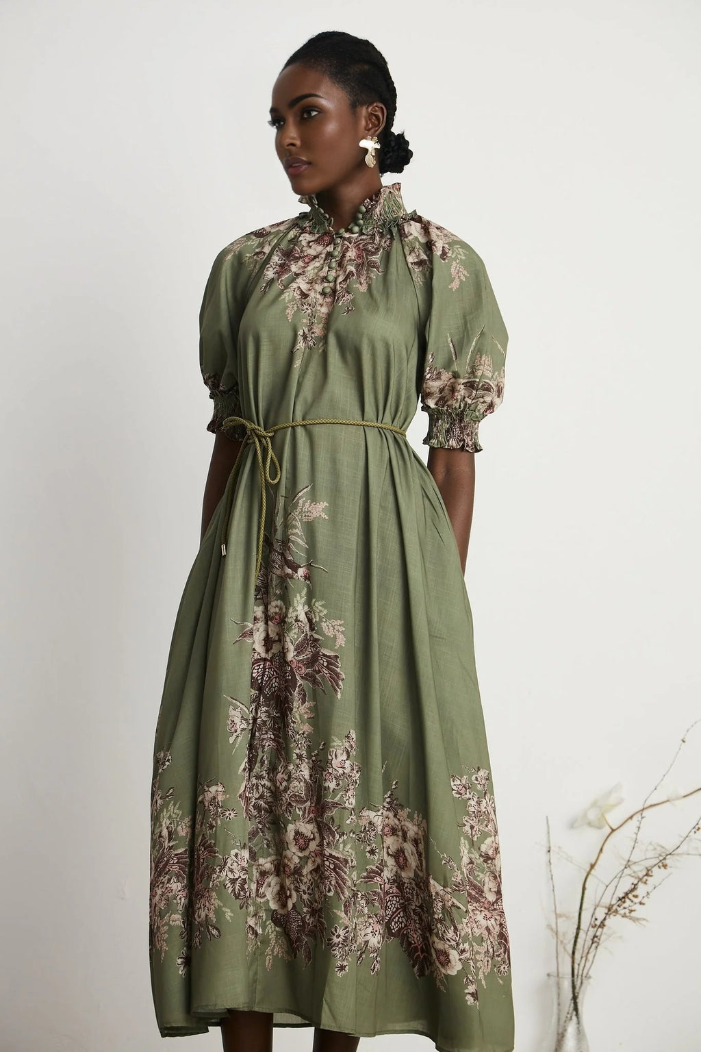 Emma Midi Dress - Puff Sleeves - Mock Neck - Gathered Detailing - Belted - Floral Print
