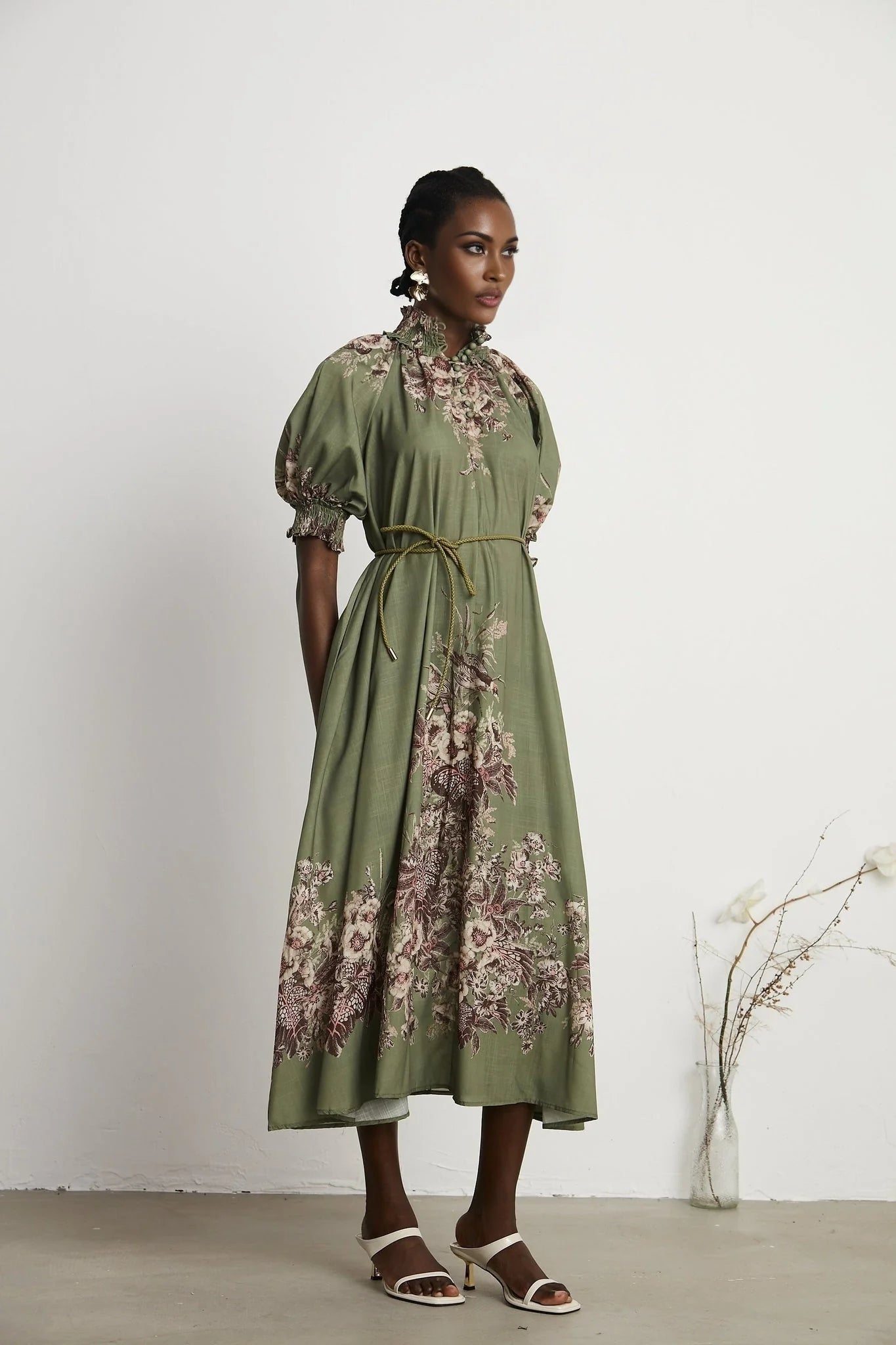 Emma Midi Dress - Puff Sleeves - Mock Neck - Gathered Detailing - Belted - Floral Print