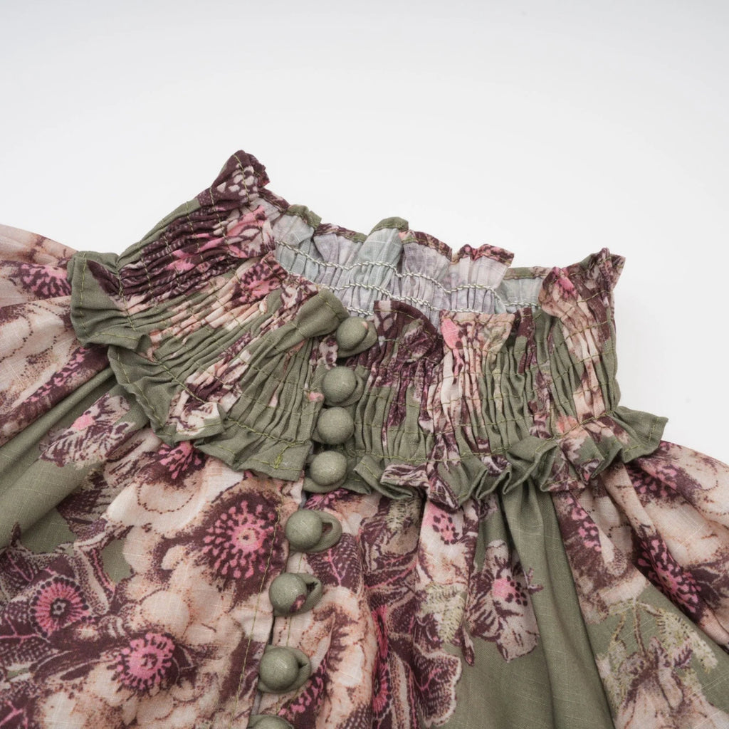 Emma Midi Dress - Puff Sleeves - Mock Neck - Gathered Detailing - Belted - Floral Print