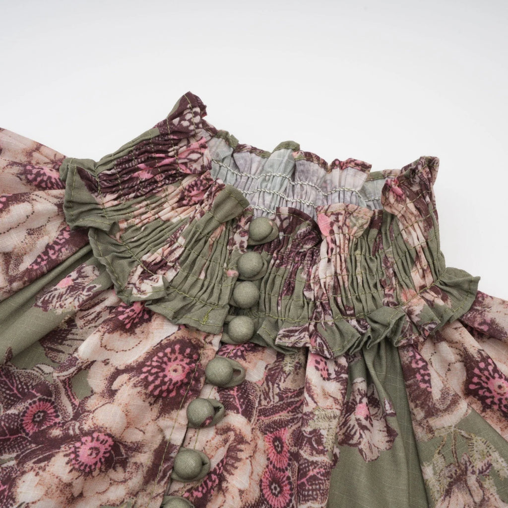Emma Midi Dress - Puff Sleeves - Mock Neck - Gathered Detailing - Belted - Floral Print