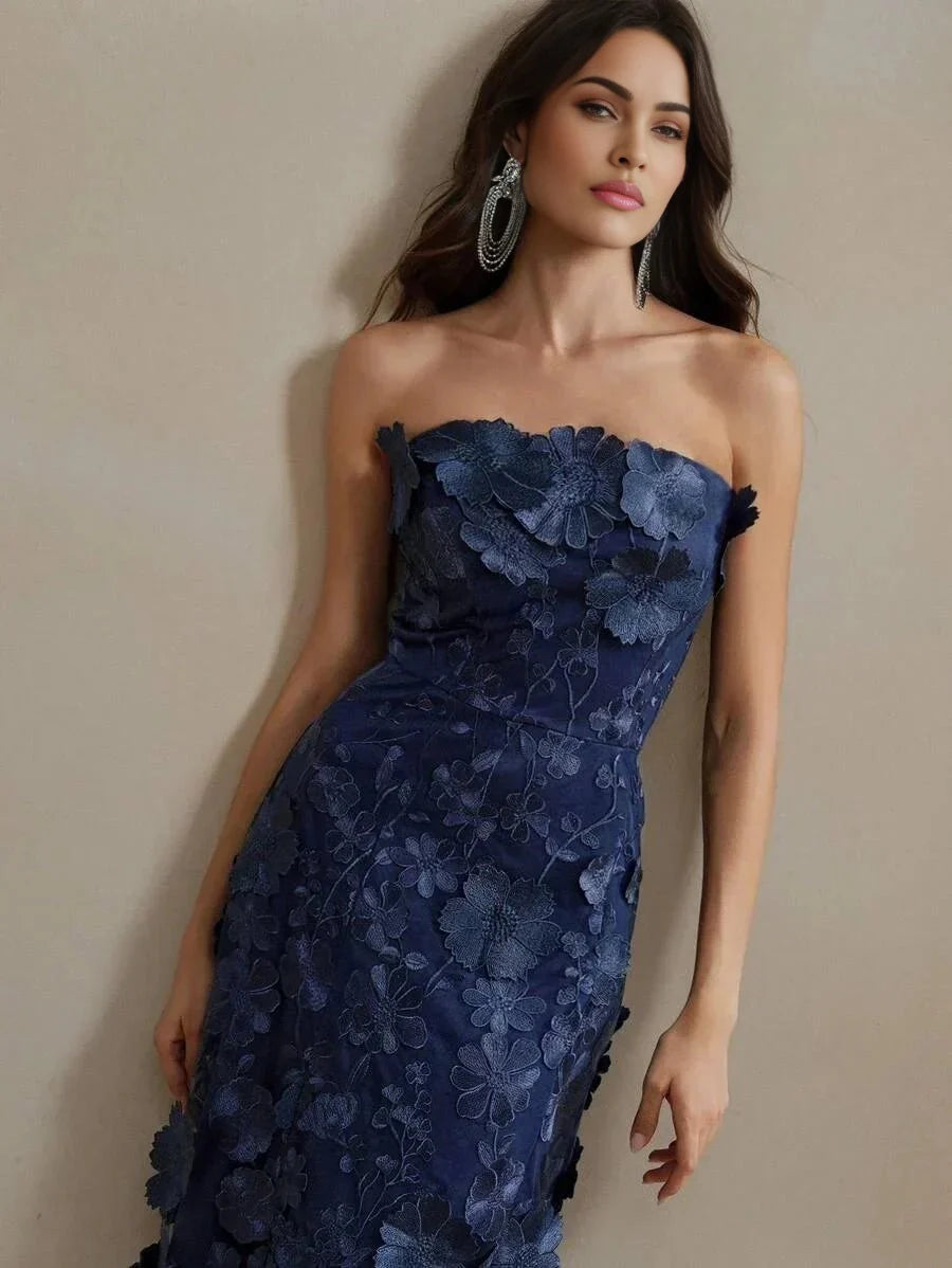 Emma Midi Dress - Strapless Neckline - Flared Hem - High Waist - Elegant Style - Mesh Material