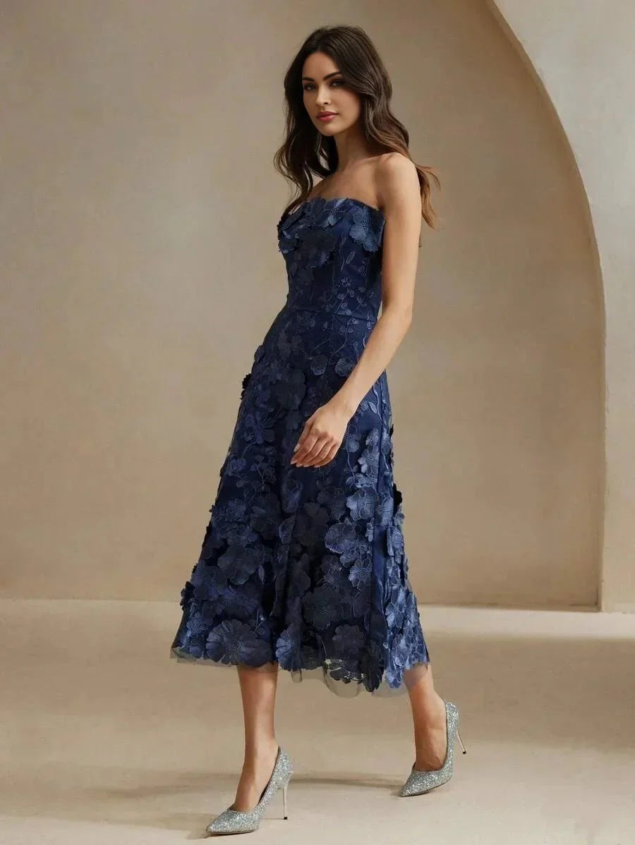 Emma Midi Dress - Strapless Neckline - Flared Hem - High Waist - Elegant Style - Mesh Material