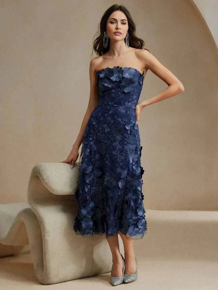 Emma Midi Dress - Strapless Neckline - Flared Hem - High Waist - Elegant Style - Mesh Material