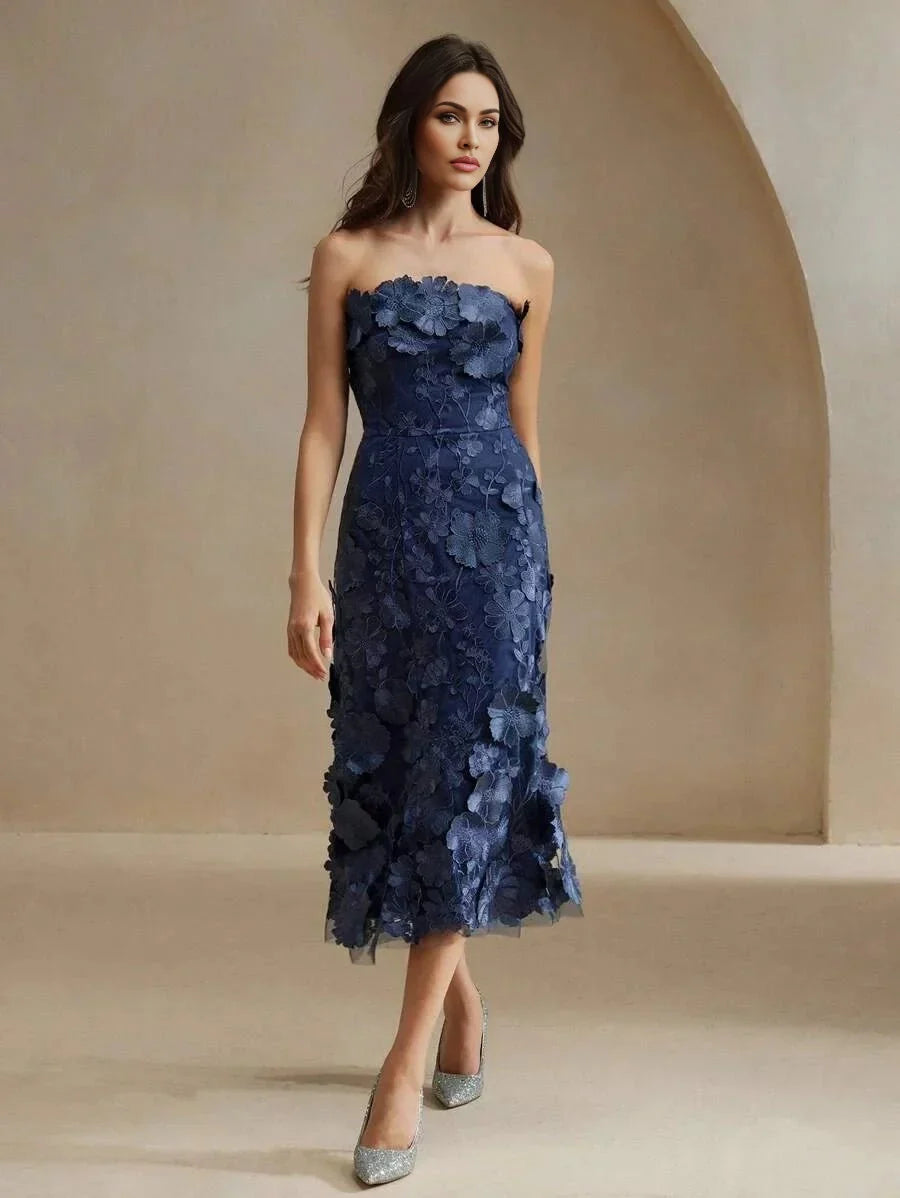 Emma Midi Dress - Strapless Neckline - Flared Hem - High Waist - Elegant Style - Mesh Material
