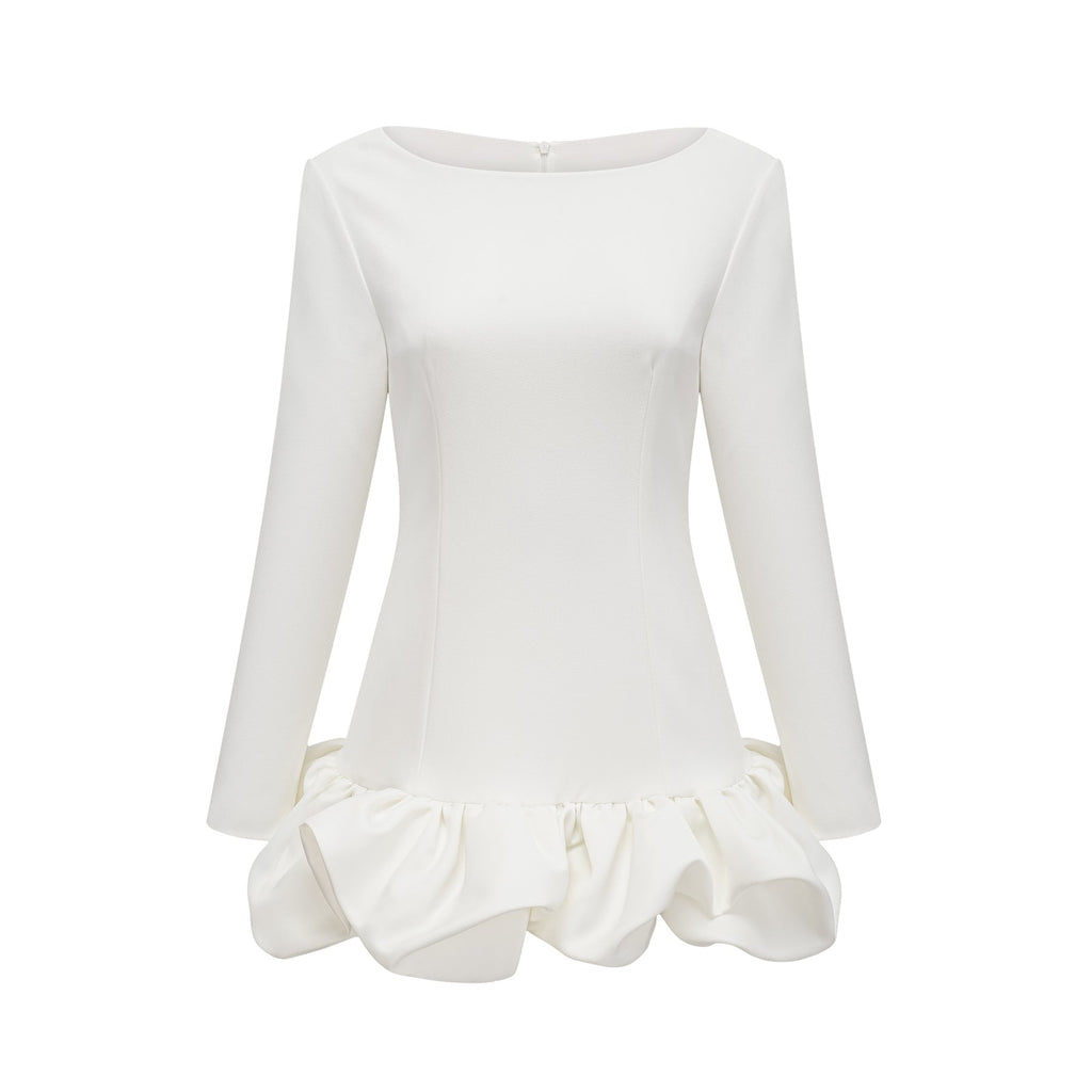 Emma Mini Dress - Bateau Neck - Long Sleeves - Cinched Waist - Bubble Skirt