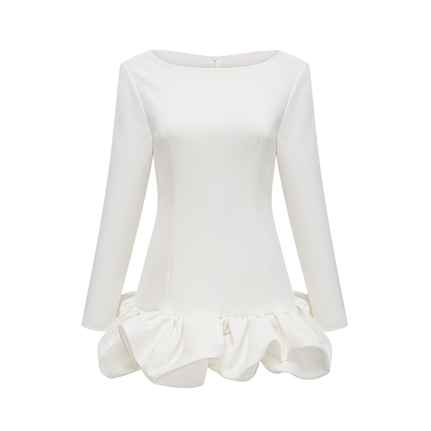 Emma Mini Dress - Bateau Neck - Long Sleeves - Cinched Waist - Bubble Skirt