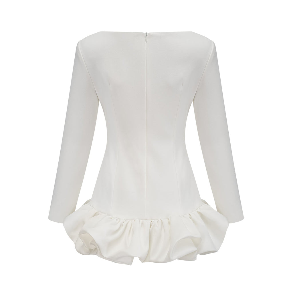 Emma Mini Dress - Bateau Neck - Long Sleeves - Cinched Waist - Bubble Skirt