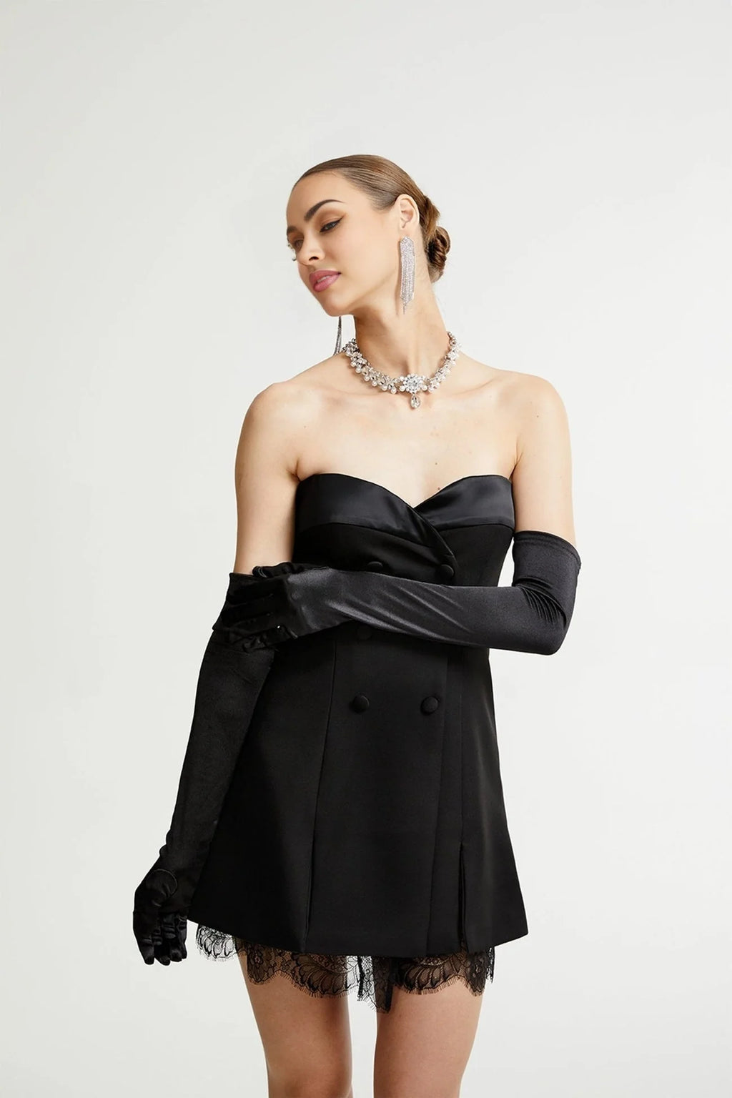 Emma Mini Dress - Bustier Style - Sleeveless - Double - Breasted Buttons - Cinched Waist