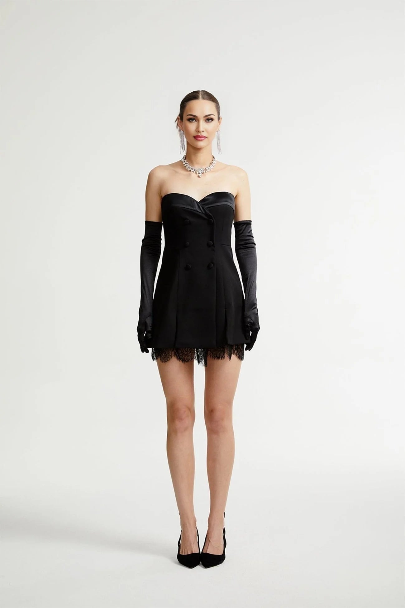 Emma Mini Dress - Bustier Style - Sleeveless - Double - Breasted Buttons - Cinched Waist