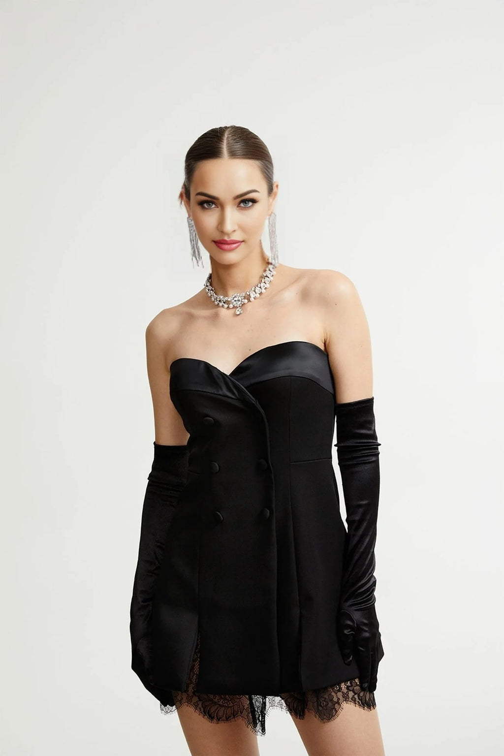 Emma Mini Dress - Bustier Style - Sleeveless - Double - Breasted Buttons - Cinched Waist